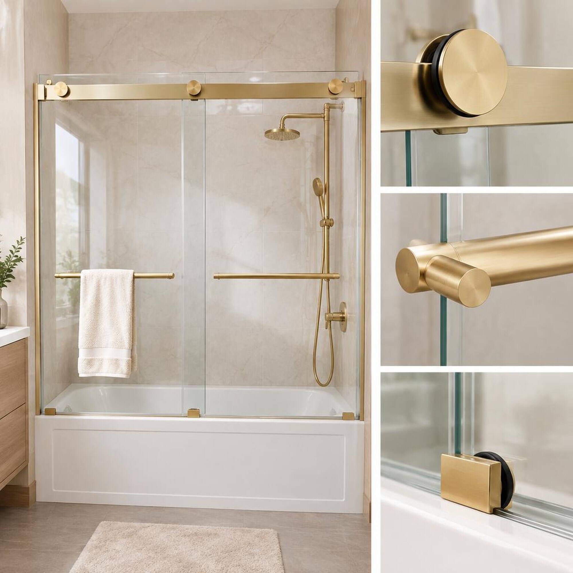 Alt View 4. RYHNUYNE - 56-60" W X 60" H Frameless Sliding Tub Shower Door Enclosure With 5/16" Tempered Glass, Brushed Gold Hardware - Brushed Gold.