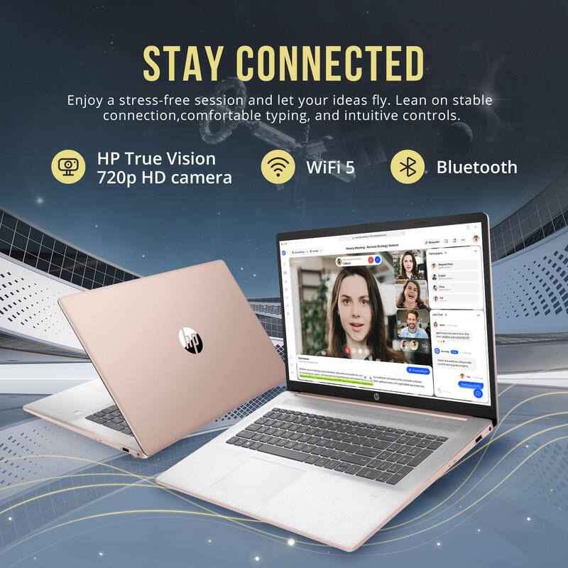 STAY CONNECTED

Enjoy a stress-free session and let your ideas fly. Lean on stable connection, comfortable typing, and intuitive controls.

- HP True Vision 720p HD camera
- WiFi 5
- Bluetooth