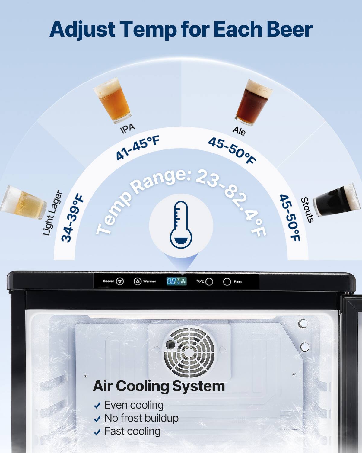 Adjust Temp for Each Beer

- IPA: 41-45°F
- Ale: 45-50°F
- Light Lager: 34-39°F
- Stouts: 45-50°F

Temp Range: 23-82.4°F

Air Cooling System
- Even cooling
- No frost buildup
- Fast cooling