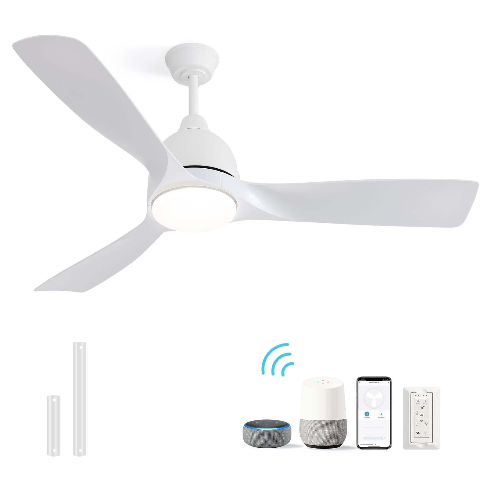 Sofucor - 54'' Smart Ceiling Fans w/ Light APP & Remote Control 3 ABS Blades Bedroom Ceiling Fans Quiet Reversible DC Dimmable Led - White