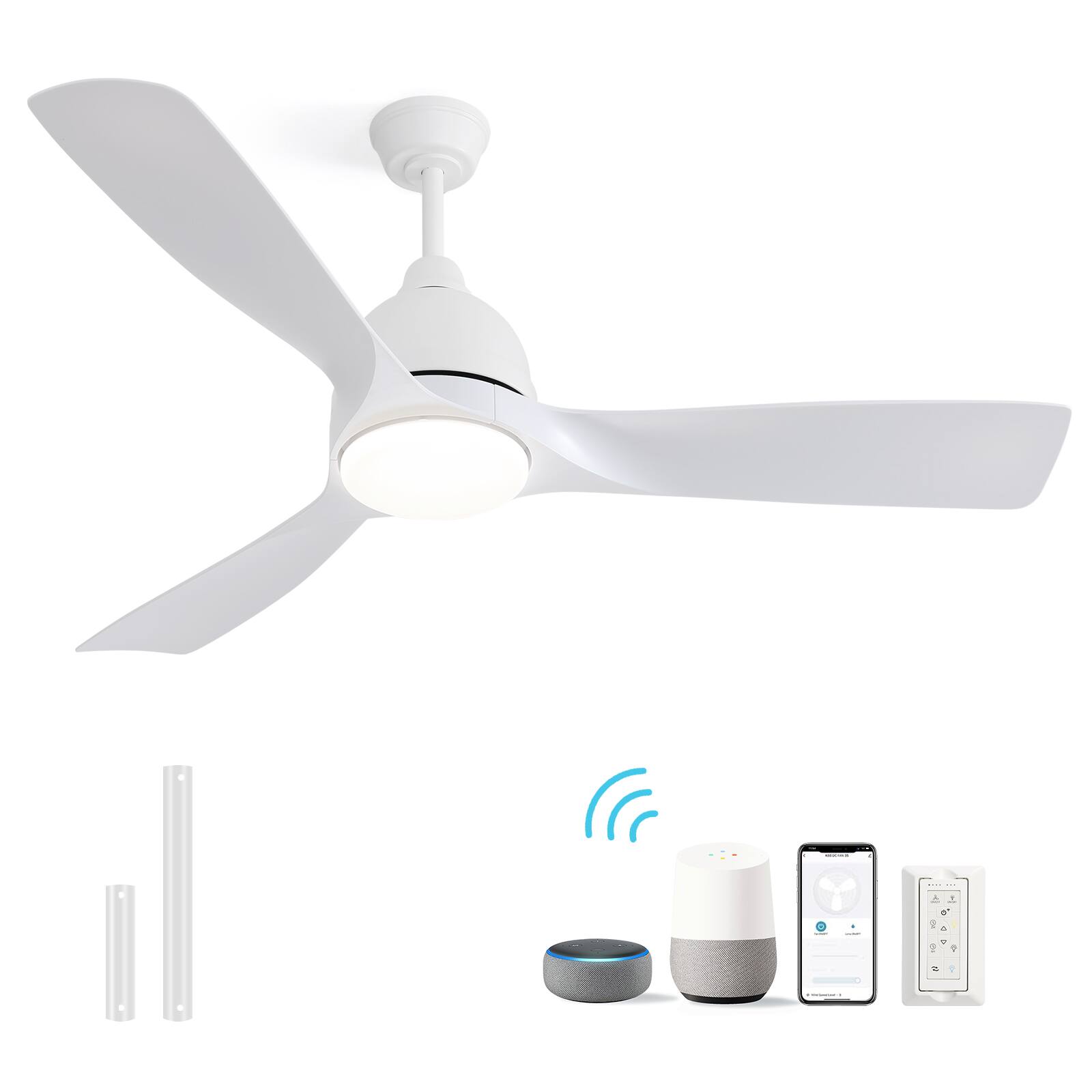 Front. Sofucor - 54'' Smart Ceiling Fans w/ Light APP & Remote Control 3 ABS Blades Bedroom Ceiling Fans Quiet Reversible DC Dimmable Led - White.
