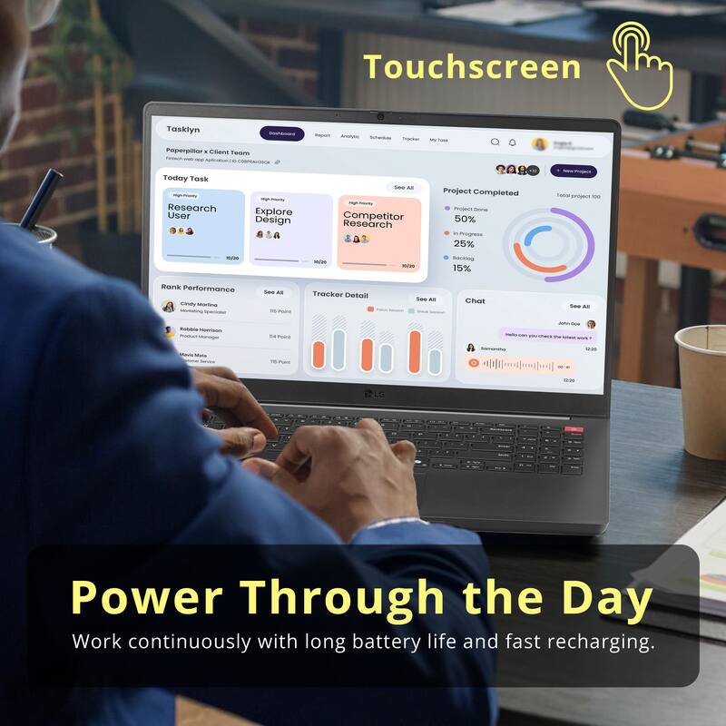 Touchscreen Tasklyn - My Toss Popper Prior. Client Team - A - CALSNC Today Task - Research User - Explore Design - Competitor Research Project Completed - Project 50% - Process 25% - Project 15% - Rank Performance - Cindy Ma - See All - Tracker Details - Chat Session - Product Manager - Power Through the Day - Work continuously with long battery life and fast recharging.