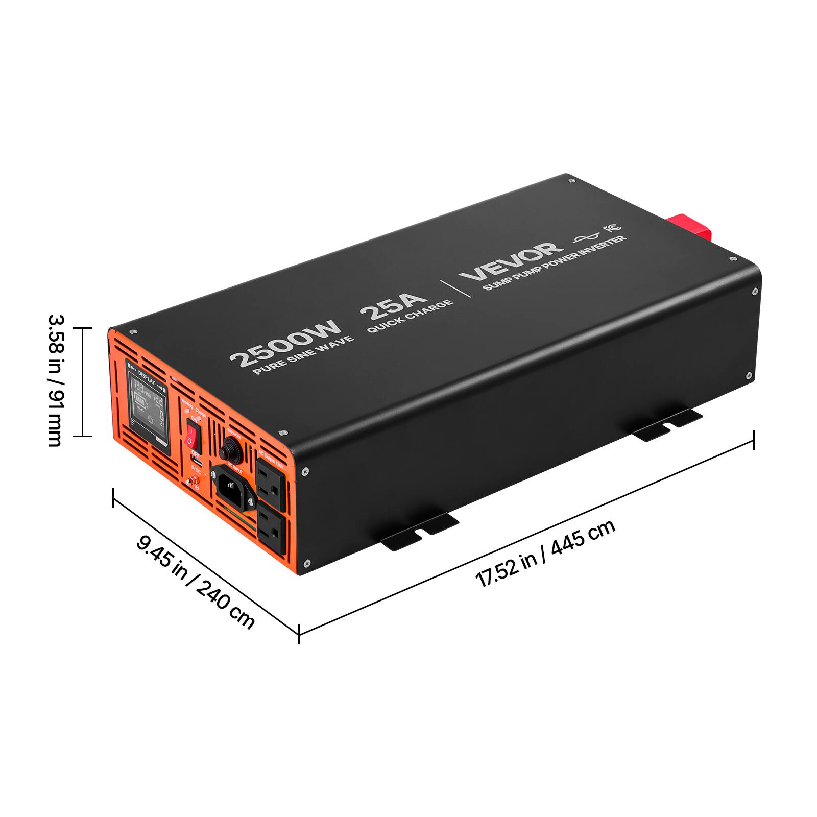3.58 in / 91 mm

VEVOR PUMP POWER INVERTER SUMP 25A QUICK CHARGE 2500W SINE WAVE PURE SINE

6.45 in / 240 cm

445 cm in / 17.52