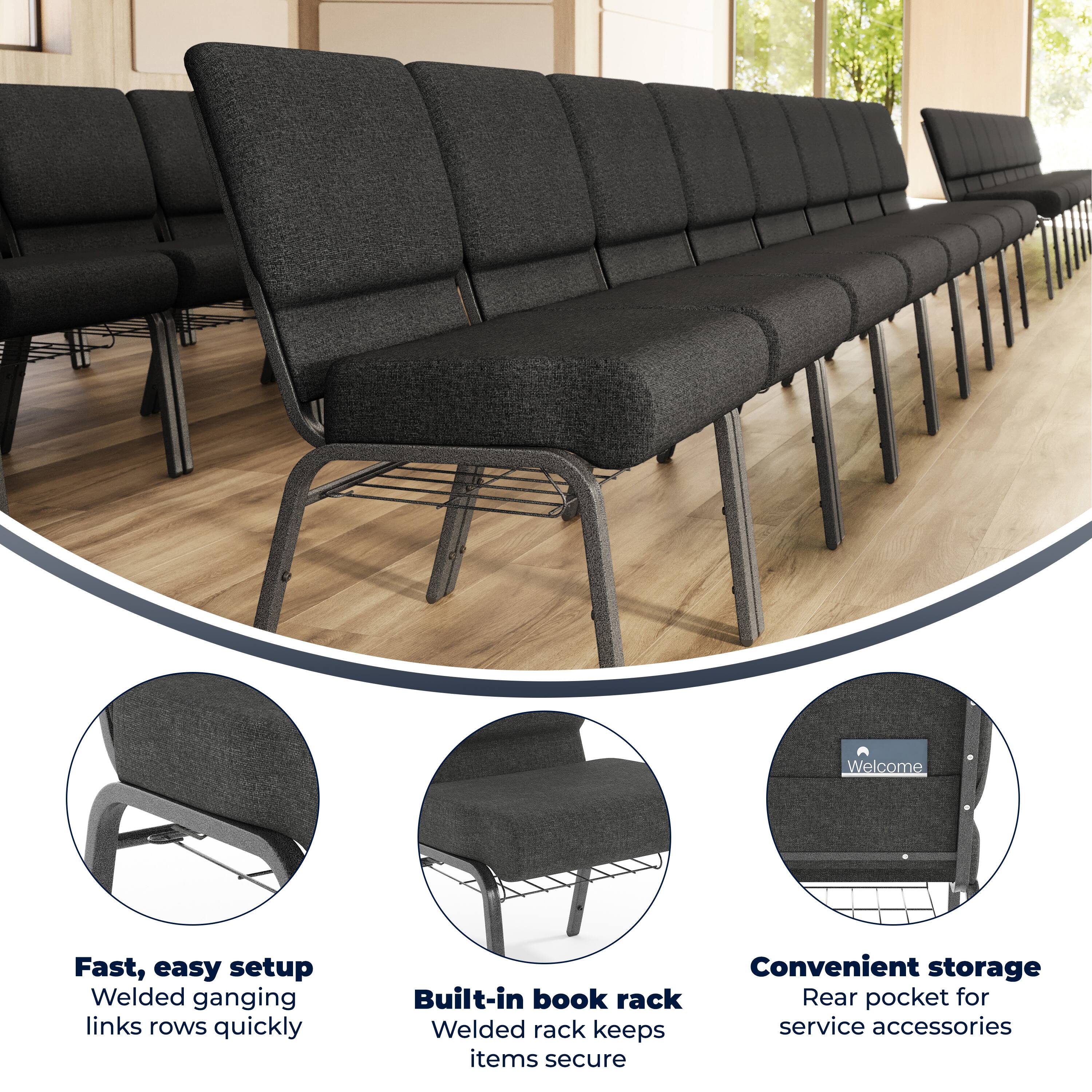 Welcome

Fast, easy setup  
Welded ganging links rows quickly

Built-in book rack  
Welded rack keeps items secure

Convenient storage  
Rear pocket for service accessories