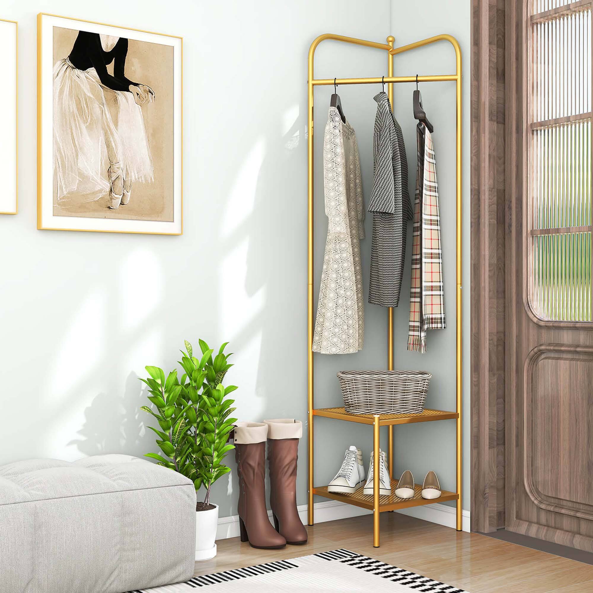 Alt View 1. Costway - Costway Corner Coat Rack with Shelves Freestanding Hall Tree with Top Hanger Golden - Golden.