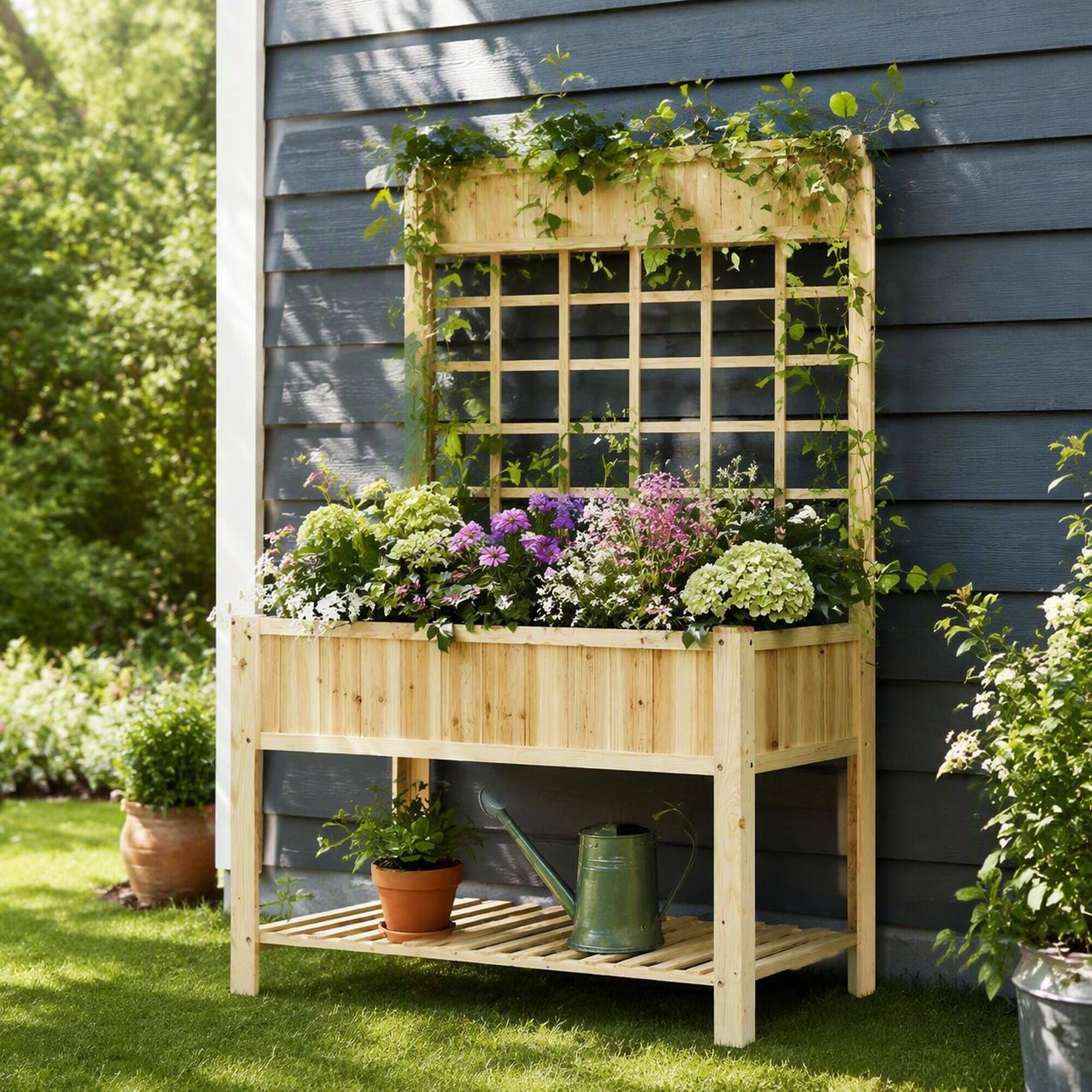 Angle. RYHNUYNE - Wooden Raised Garden Bed with Stand, Elevated Planter Box with Storage Shelf for Patio, Balcony, Backyard - Natural.