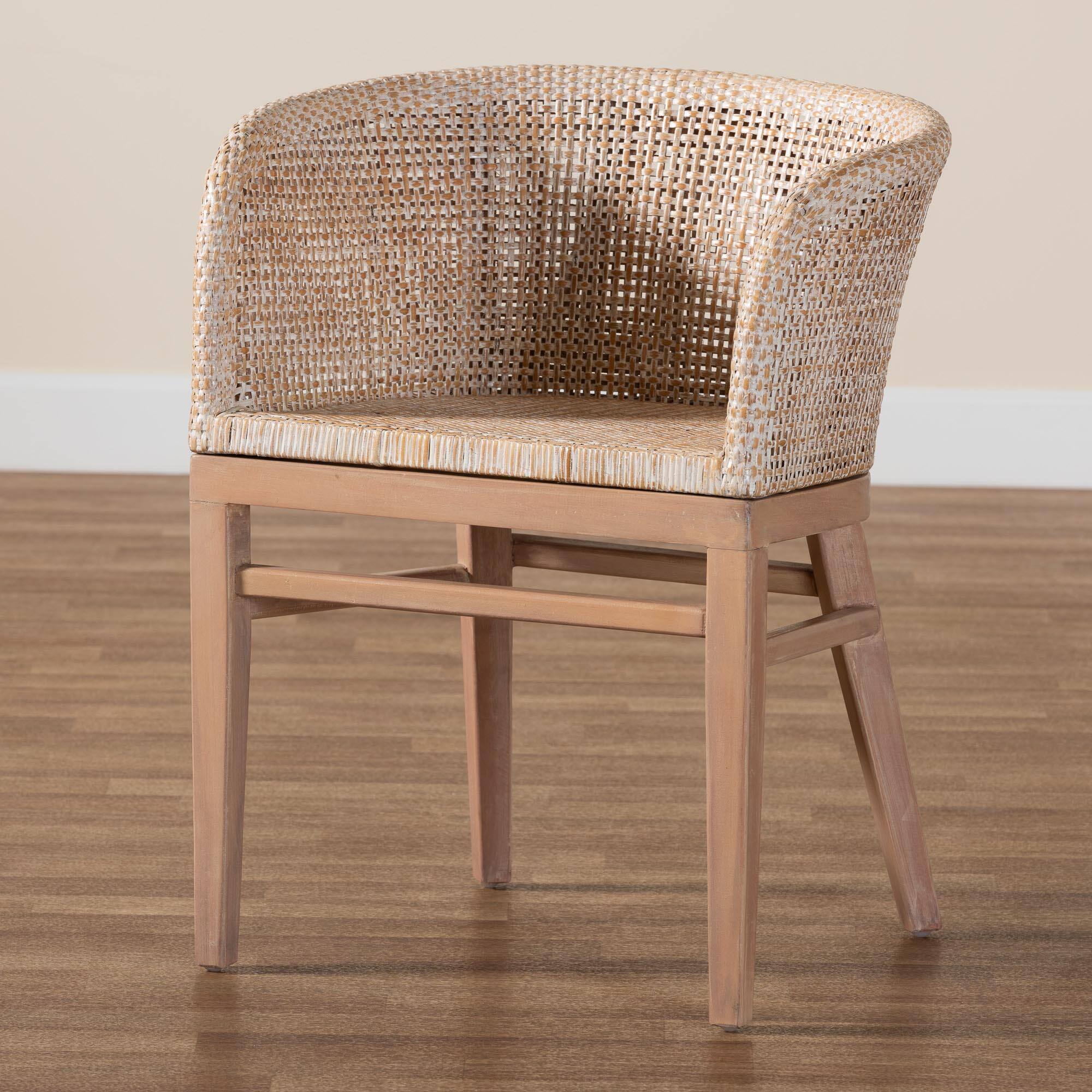 Alt View 5. bali & pari - Papua Modern Bohemian Antique Washed Rattan and Mahogany Wood Dining Chair - Antique white wash/ Light brown.