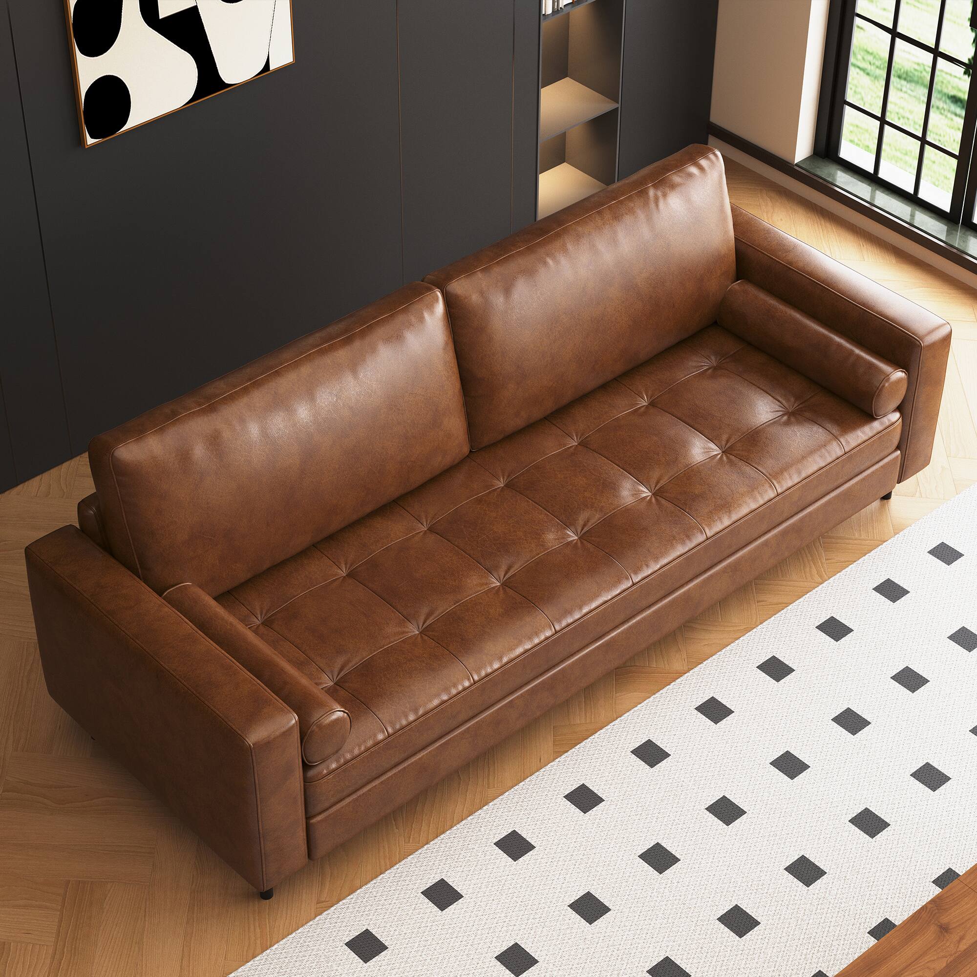 Left. luck idea - 80.31" Vintage High-End Oil-Waxed Leather Sofa with Solid Frame for Living Room - Brown.