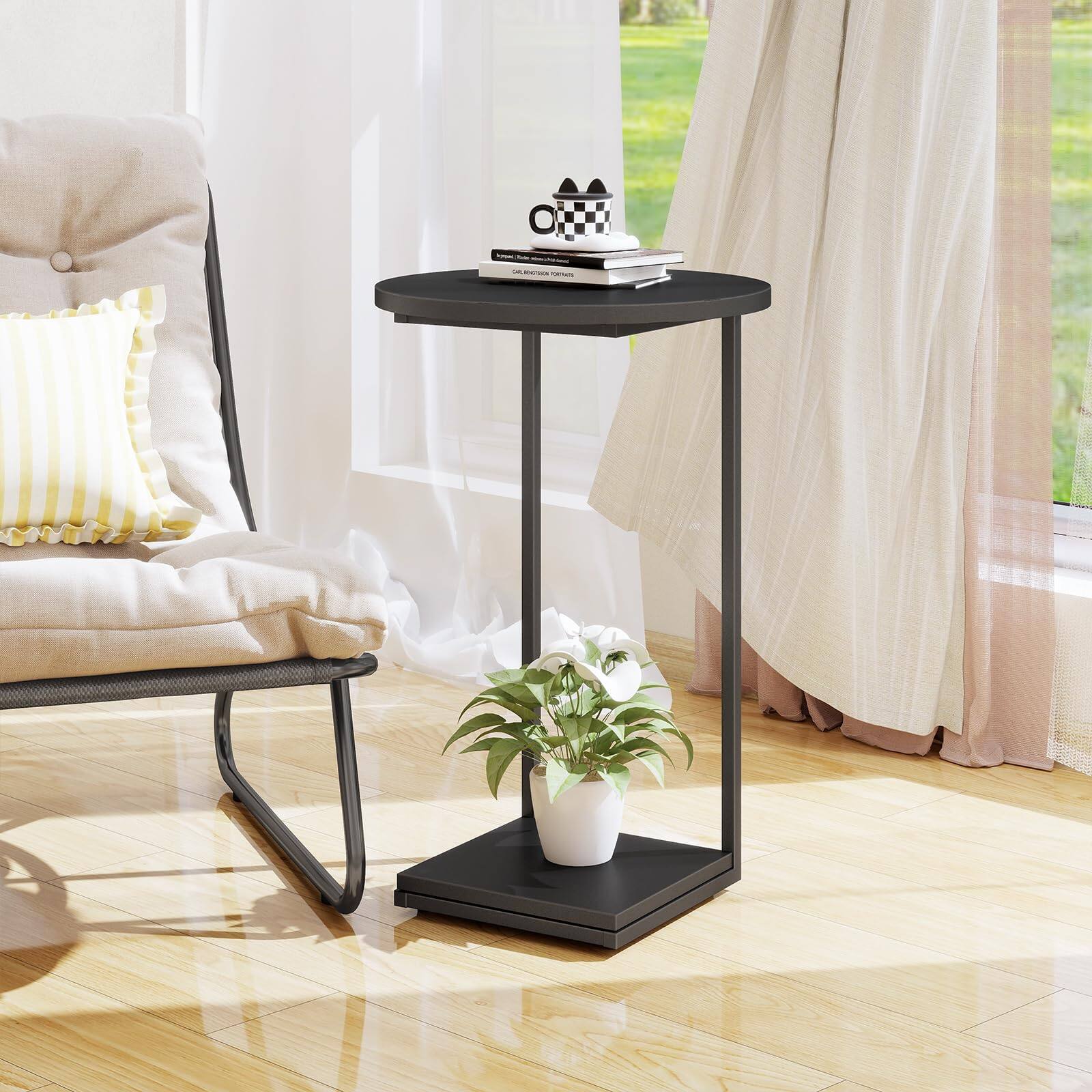 Alt View 5. Fabibe - C End Table Couch That Slide Under Small Sofa Side In Living Room Bedroom Black - Black Round.