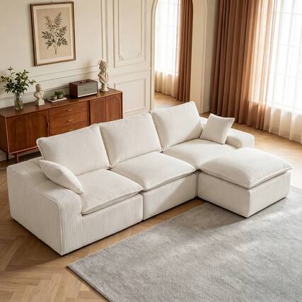 Front. CarterChairr - 107" L-Shape Modular Sectional Sofa with Ottoman & 2 Pillows, Cloud Boneless Couch for Living Room - Beige.