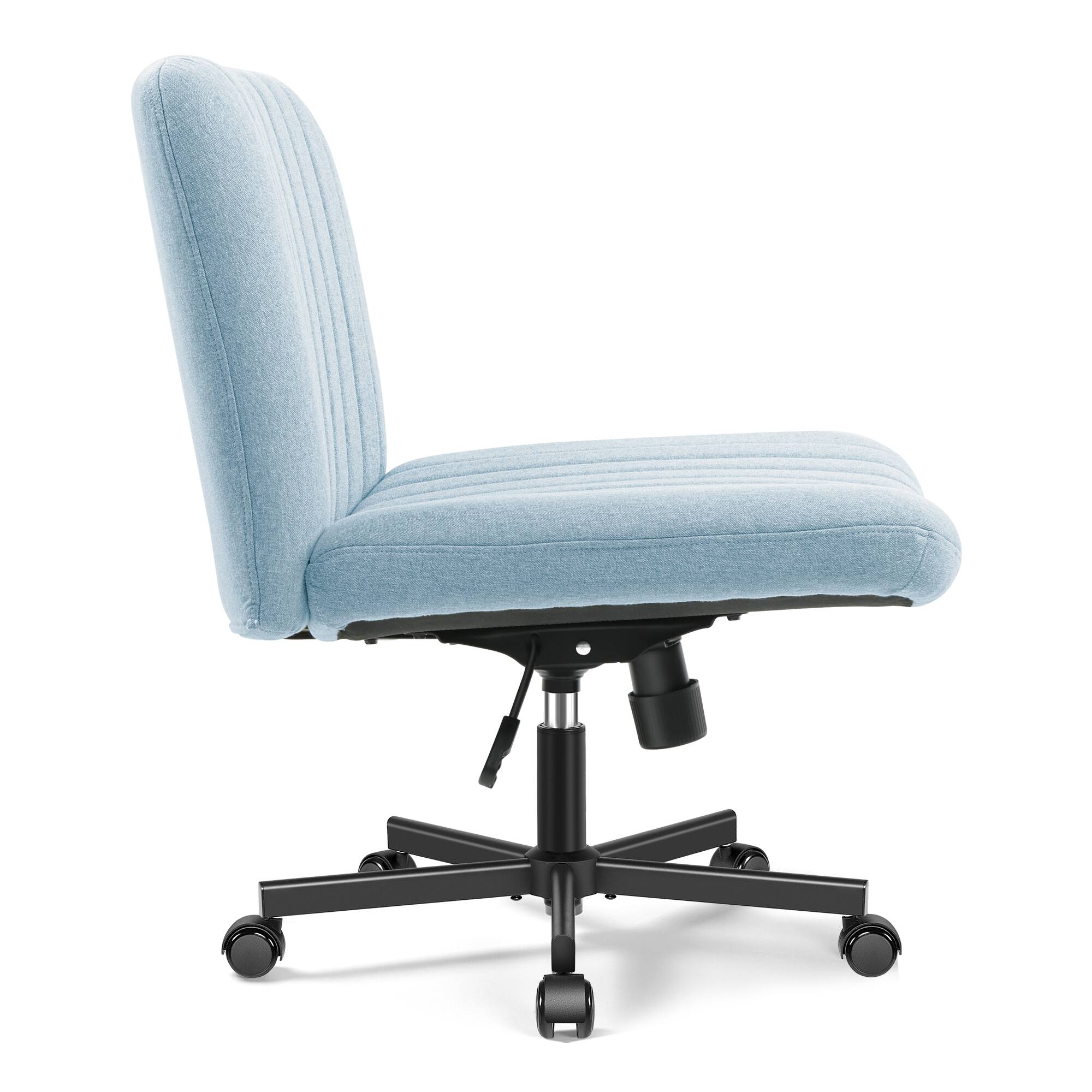 Left. Brick Attic - Criss Cross Chair with Wheels, Wide Cross Legged Office Desk Vanity Chair Comfy Fabric Armless Adjustable Swivel - Light Blue.