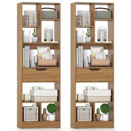 Costway - 2 PCS 61" Bookcase with Drawer, 8 Open Cubes, Anti-toppling Kits for Living Room - Natural