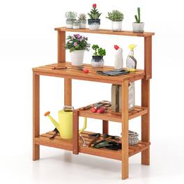 Gymax - Outdoor Potting Bench Table w/Open Shelves Teak Oil Finish Gardening Workstation - Nature