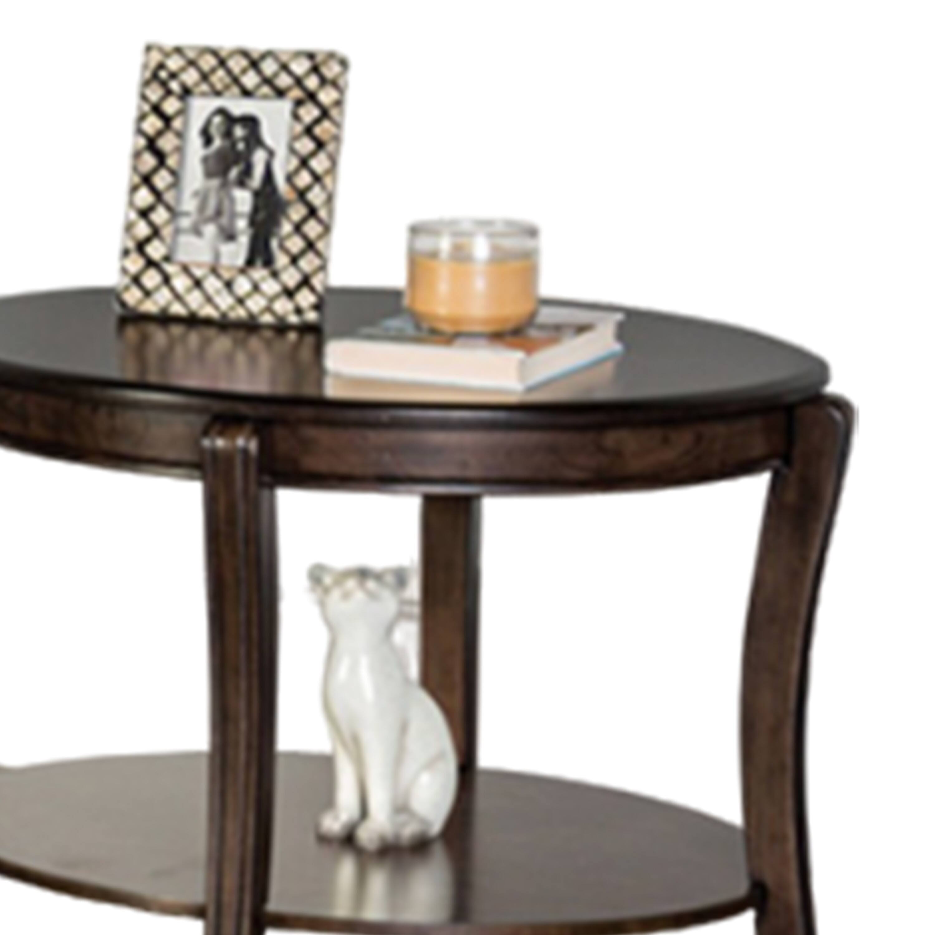 Alt View 1. Manhattan Lane - Orio Side End Table, Open Shelves, 31 Inch Oval Top, Curve Legs, Brown Wood - Walnut Brown.