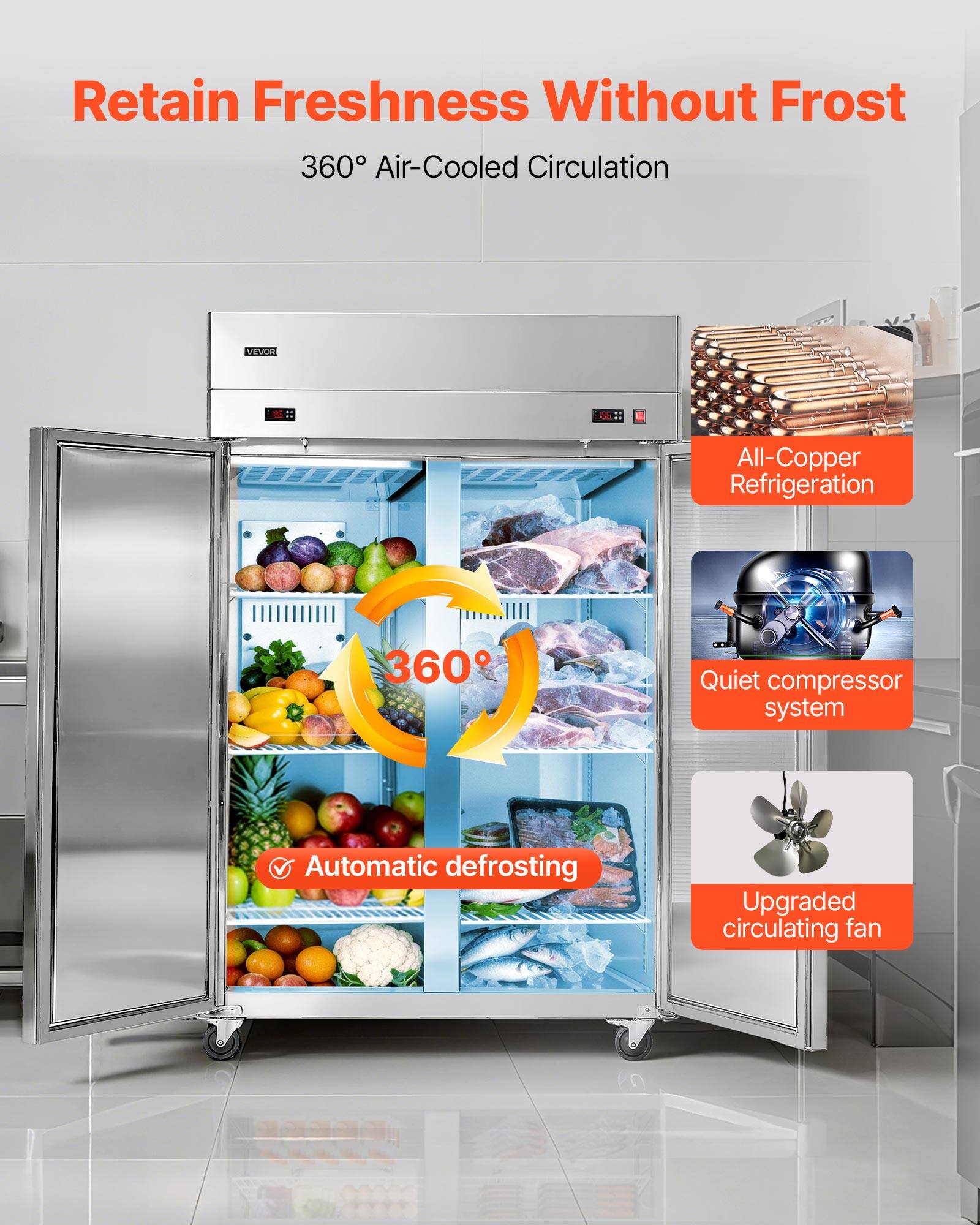 Retain Freshness Without Frost  
360° Air-Cooled Circulation  

- All-Copper Refrigeration  
- Quiet compressor system  
- Automatic defrosting  
- Upgraded circulating fan