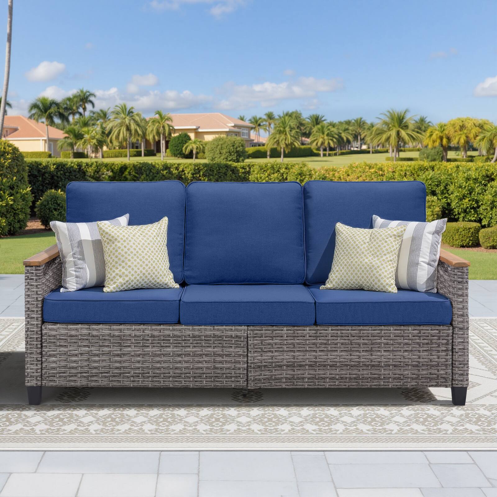 Left. Mondawe - 69.7" Wide Outdoor Wicker Patio Sofa with Cushions - Blue+Gray.