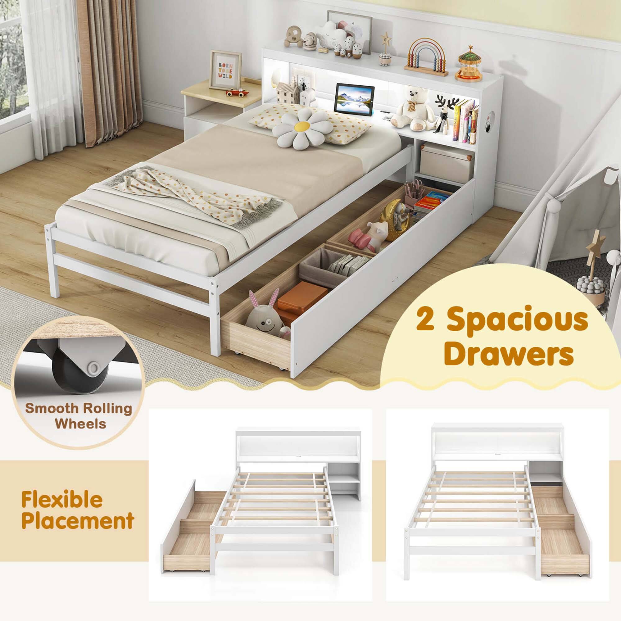 The text on the image reads: "2 Spacious Drawers Smooth Rolling Wheels Flexible Placement."