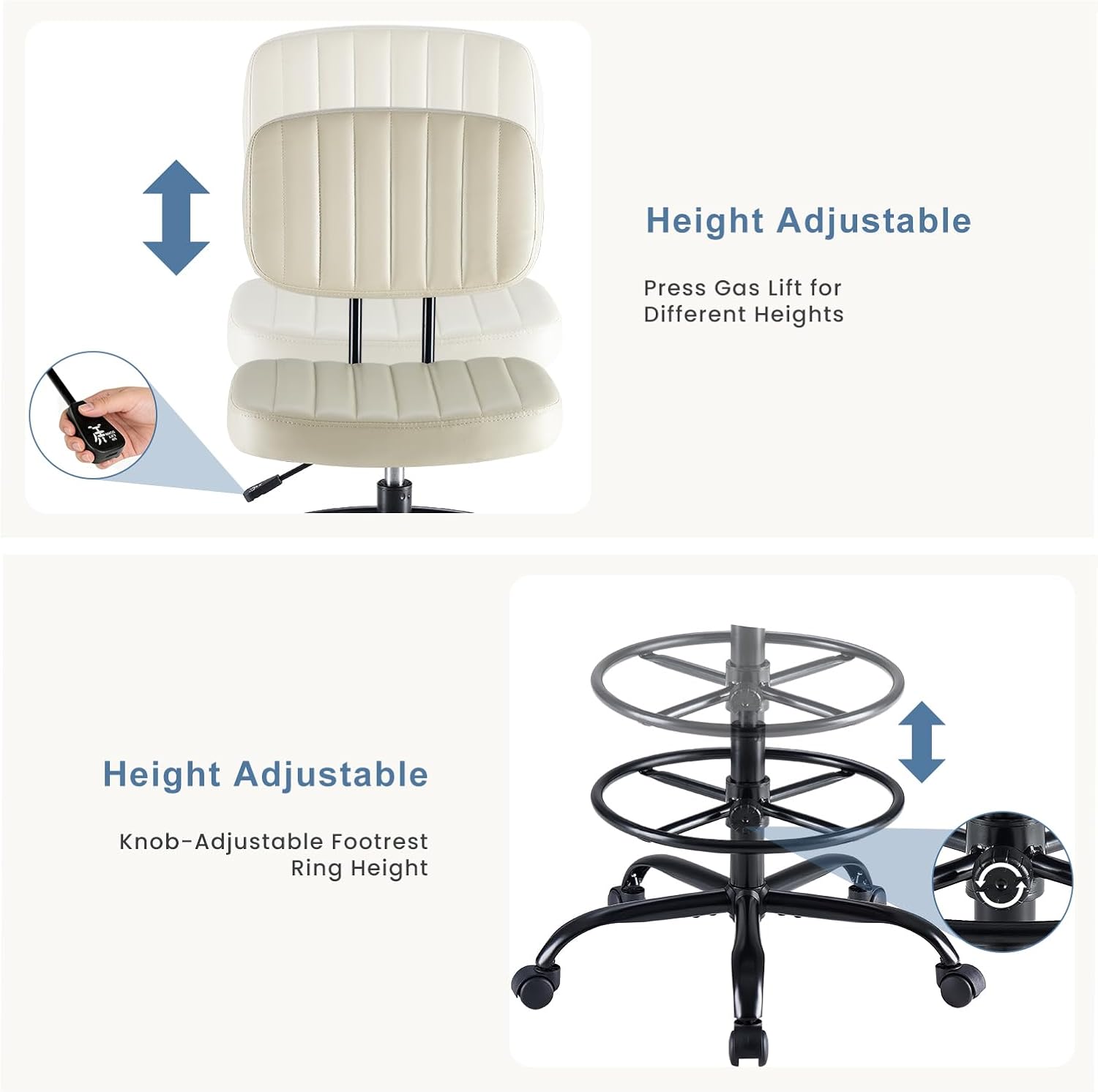 Height Adjustable Press Gas Lift for Different Heights  
Height Adjustable Knob-Adjustable Footrest Ring Height