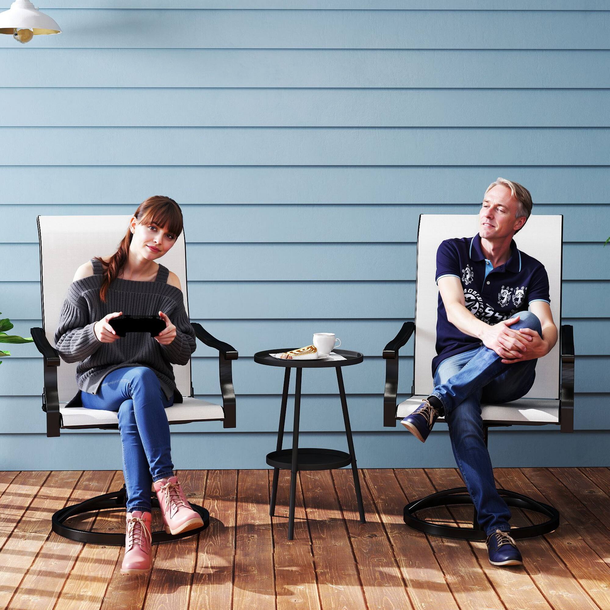 Alt View 1. Outsunny - Outdoor Patio Swivel Chairs Set of 2, High Back Patio Dining Chairs with All-Weather Mesh Fabric and Metal Frame - Cream White.