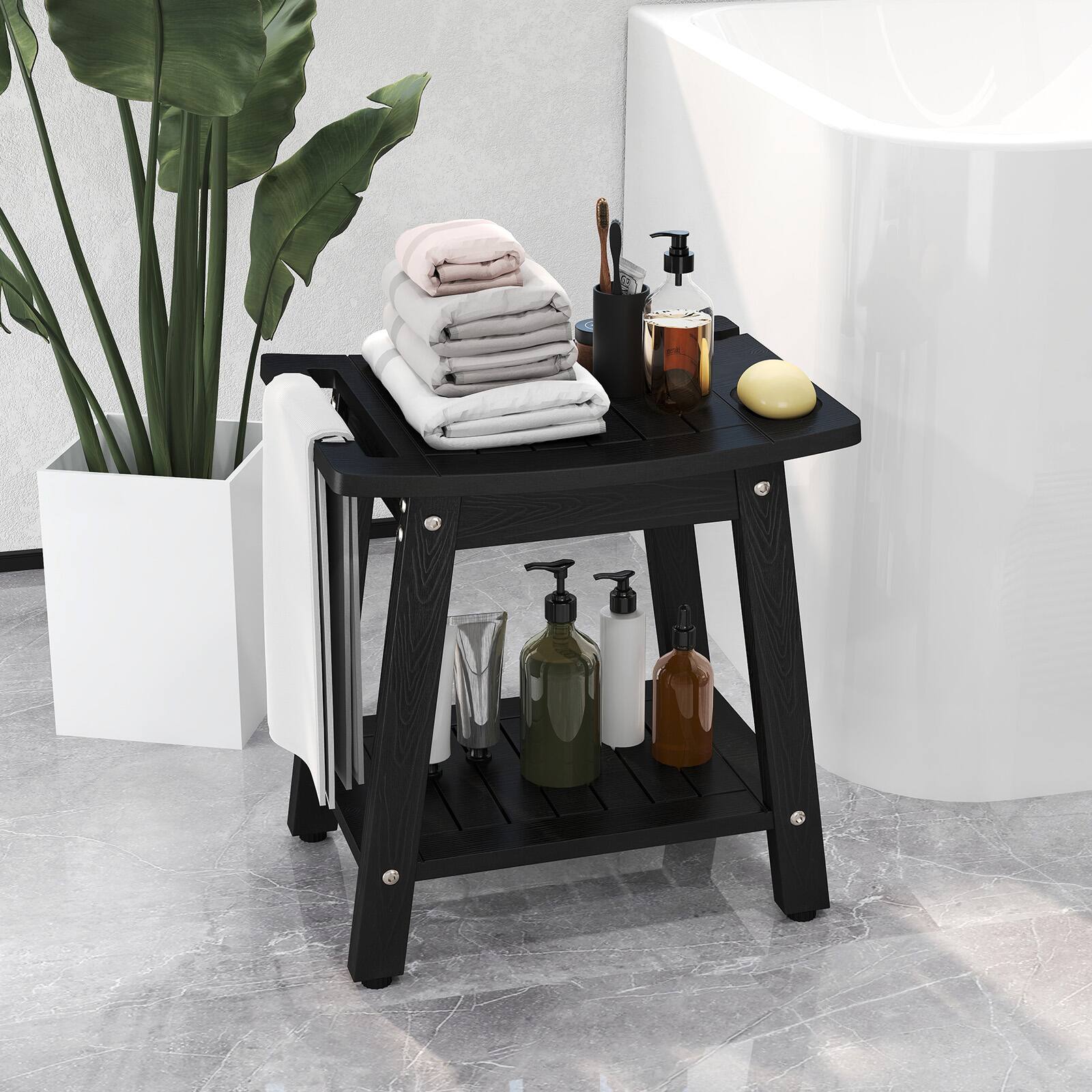 Angle. SlickBlue - Bathroom Shower Bench with Handle and Convenient Shower Head Slot - Black.