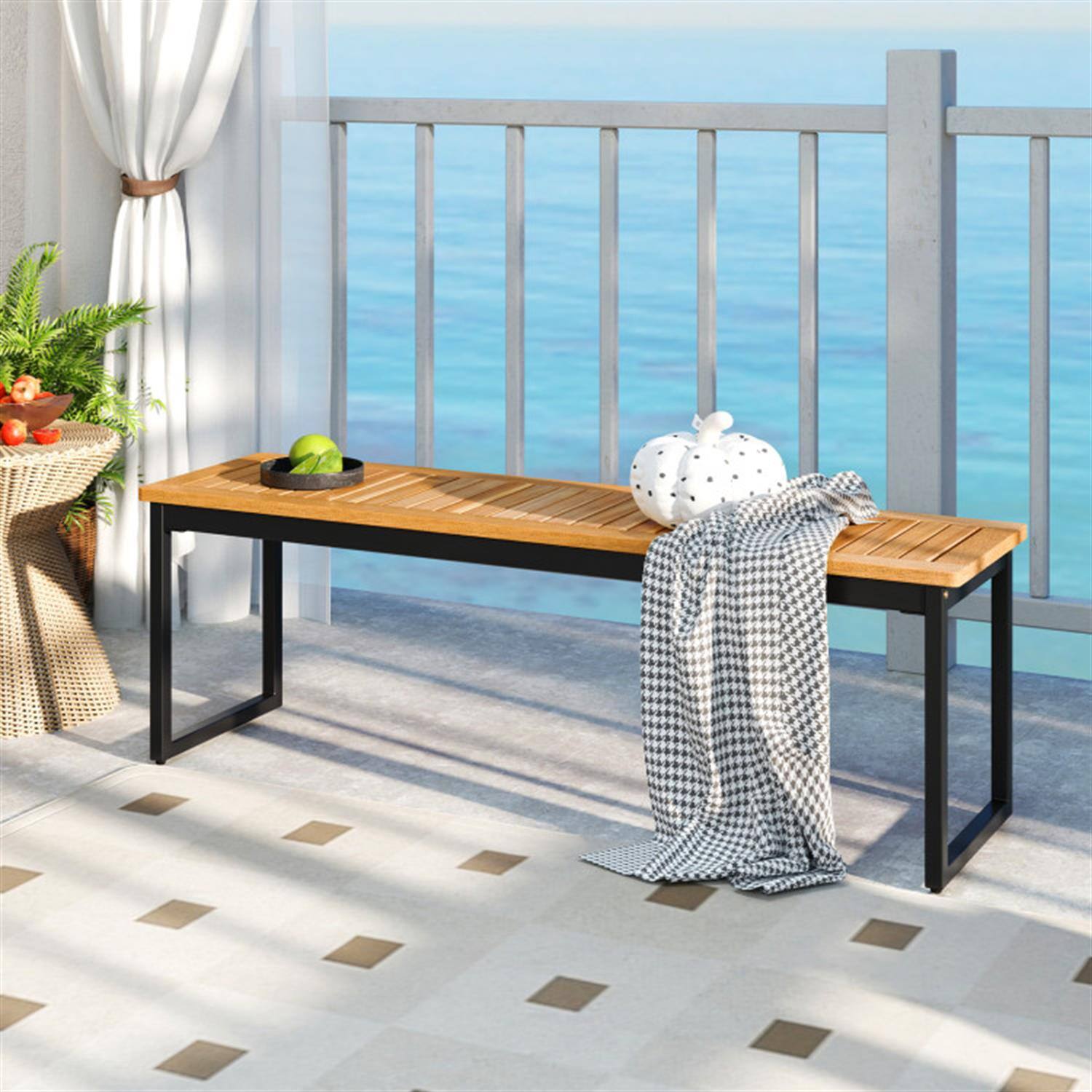 Alt View 4. Pefilos - Patio Outdoor Bench Open-Back with Slatted Seat and Metal Legs, Dining Bench for Garden Pool Area Balcony, Beige - Beige.