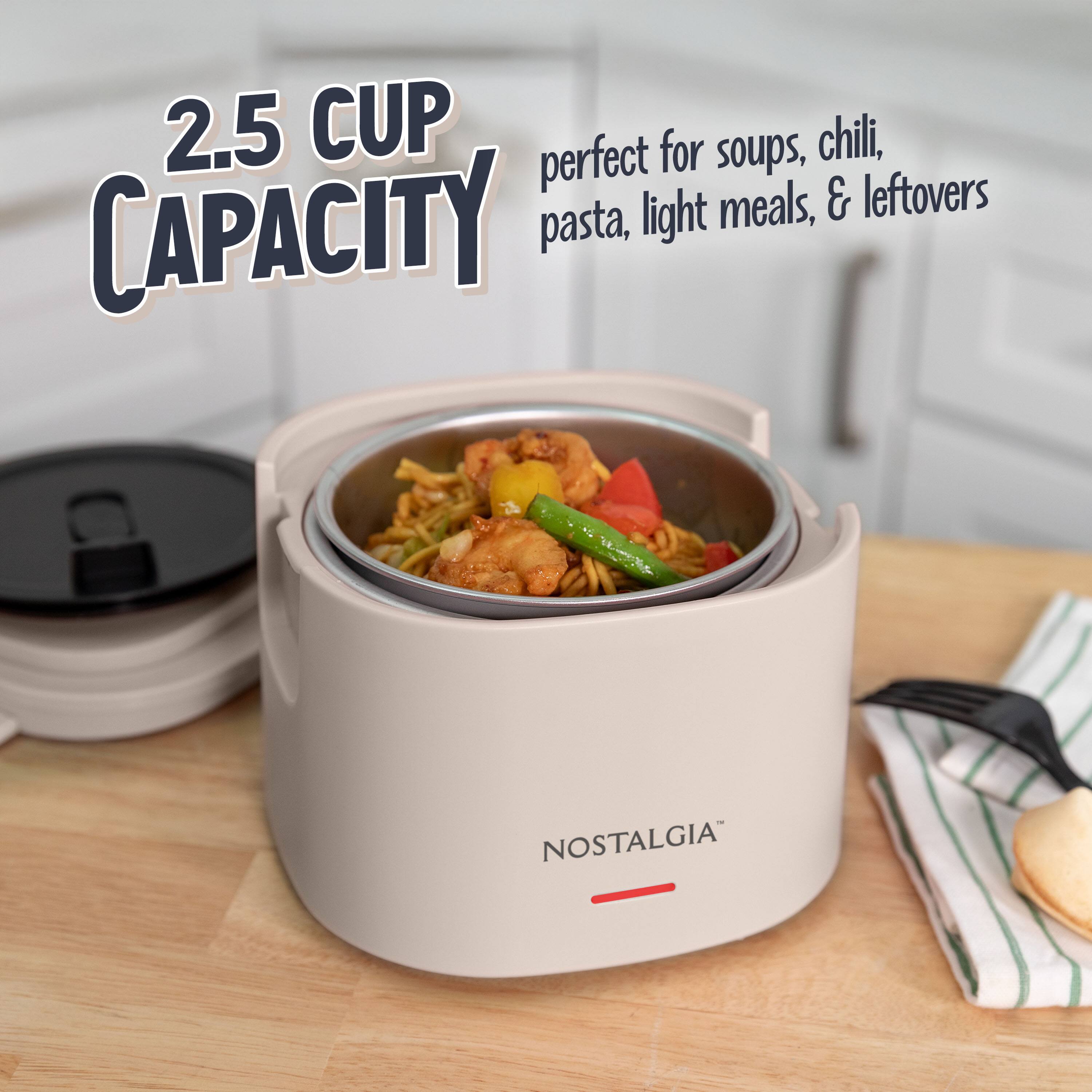 2.5 CUP CAPACITY  
perfect for soups, chili, pasta, light meals, & leftovers  
NOSTALGIA