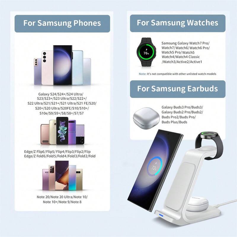 For Samsung Phones  
Galaxy S24/S24+/S24 Ultra/ S23/S23+/S23 Ultra/S22/S22+/ S22 Ultra/S21/S21+/S21 Ultra/S21 FE/S20/ S20+/S20 Ultra/S20FE/S10/S10+/ S10e/S9/S9+/S8/S8+/S7/S7+  

For Samsung Watches  
Samsung Galaxy Watch7 Pro/ Watch7/Watch6/Watch6 Pro/ Watch5 Pro/Watch5 Watch4/Watch4 Classic /Watch3/Active2/Active1  
Note: It's not compatible with other unlisted watch models  

For Samsung Earbuds  
Galaxy Buds3 Pro/Buds3/ Galaxy Buds2 Pro/Buds2/ Buds Pro2/Buds Pro/ Buds Plus/Buds Edge/Z Flip6/Flip5/Flip4/Flip3/Flip2/Flip Edge/Z Fold6/Fold5/Fold4/Fold3/Fold2/Fold  

Note 20/Note 20 Ultra/Note 10/ Note 10+/Note 9/Note 8