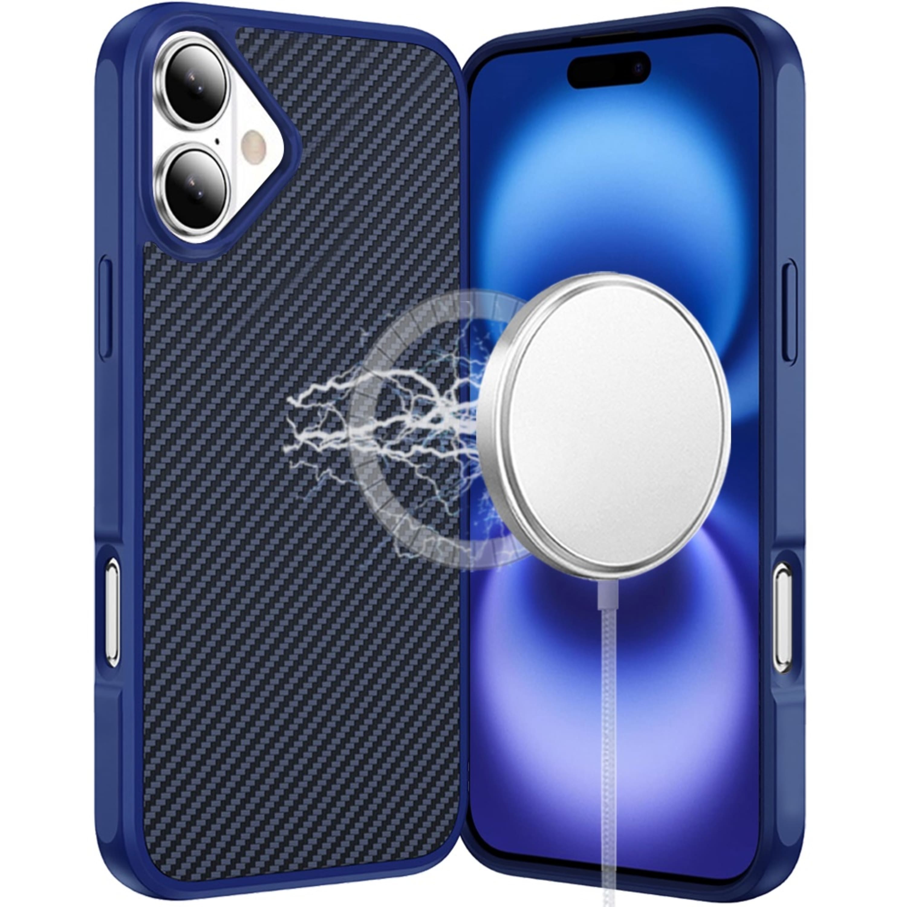 Kitcheniva - Carbon Fiber Print Hidden Magnetic Circle Phone Case With Tempered Glass For iPhone 17 - Navy Blue