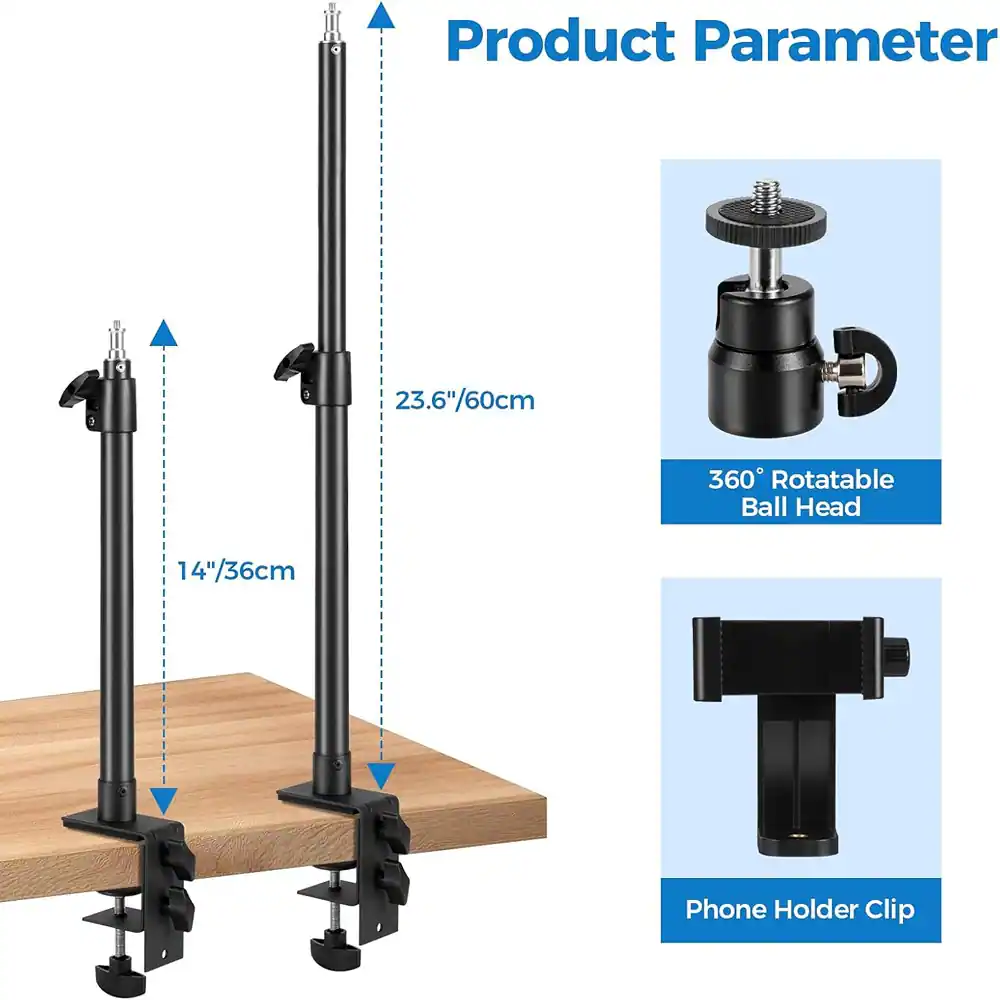 Product Parameter

- 23.6"/60cm
- 14"/36cm
- 360° Rotatable Ball Head
- Phone Holder Clip