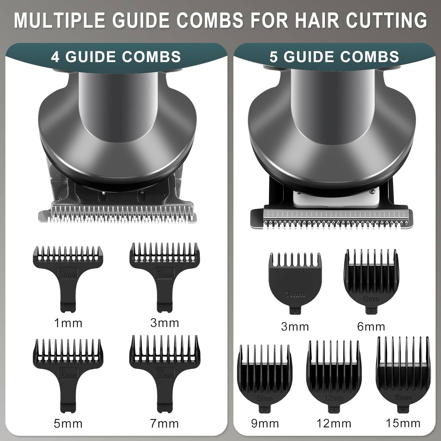 MULTIPLE GUIDE COMBS FOR HAIR CUTTING

4 GUIDE COMBS
1mm
3mm
5mm
7mm

5 GUIDE COMBS
3mm
6mm
9mm
12mm
15mm