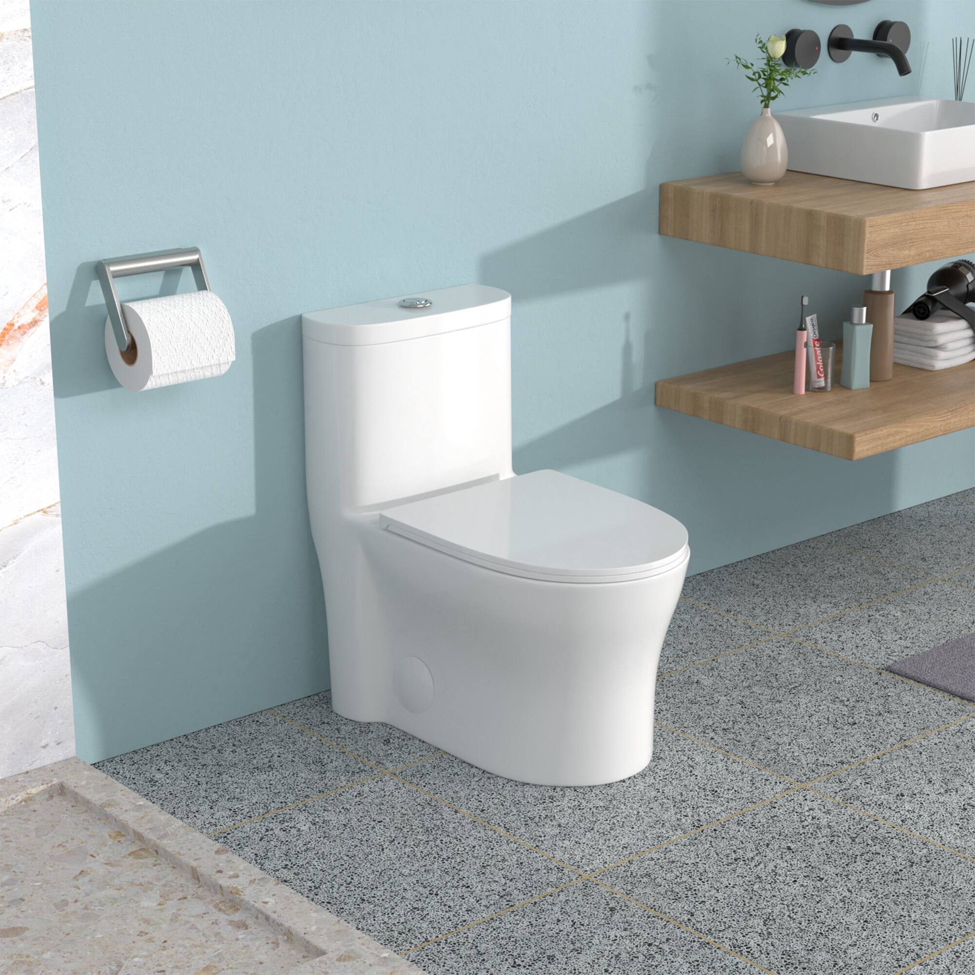 Angle. TinyHomie - Ceramic One Piece Toilet for Bathroom 12 inch Rough Dual Flush with Soft Closing Seat Powerful Dual Flush - White.