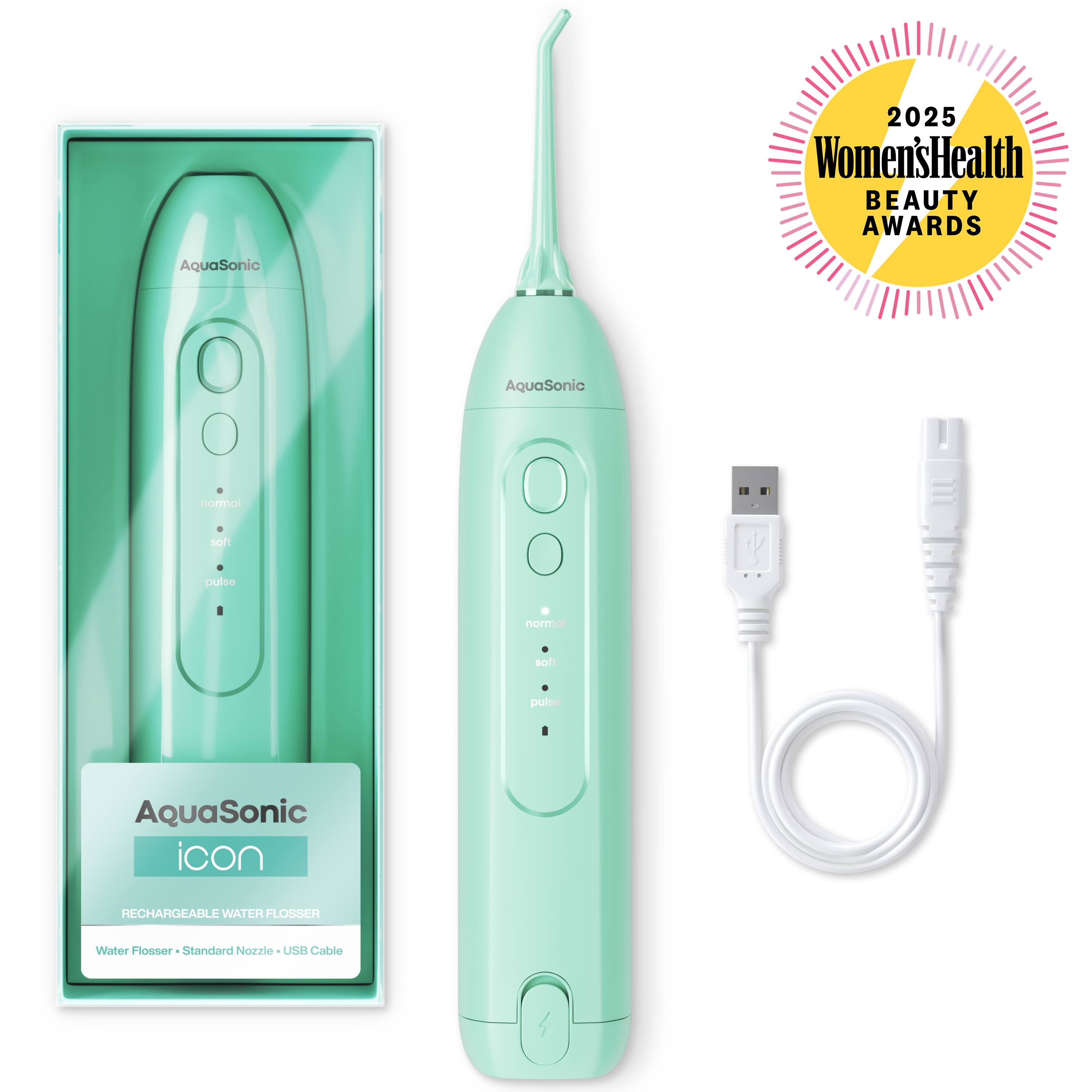 2025 Women's Health Beauty Awards  
AquaSonic AquaSonic  
normal soft pulse normal soft pulse  
AquaSonic icon  
RECHARGEABLE WATER FLOSSER  
Water Flosser Standard Nozzle USB Cable