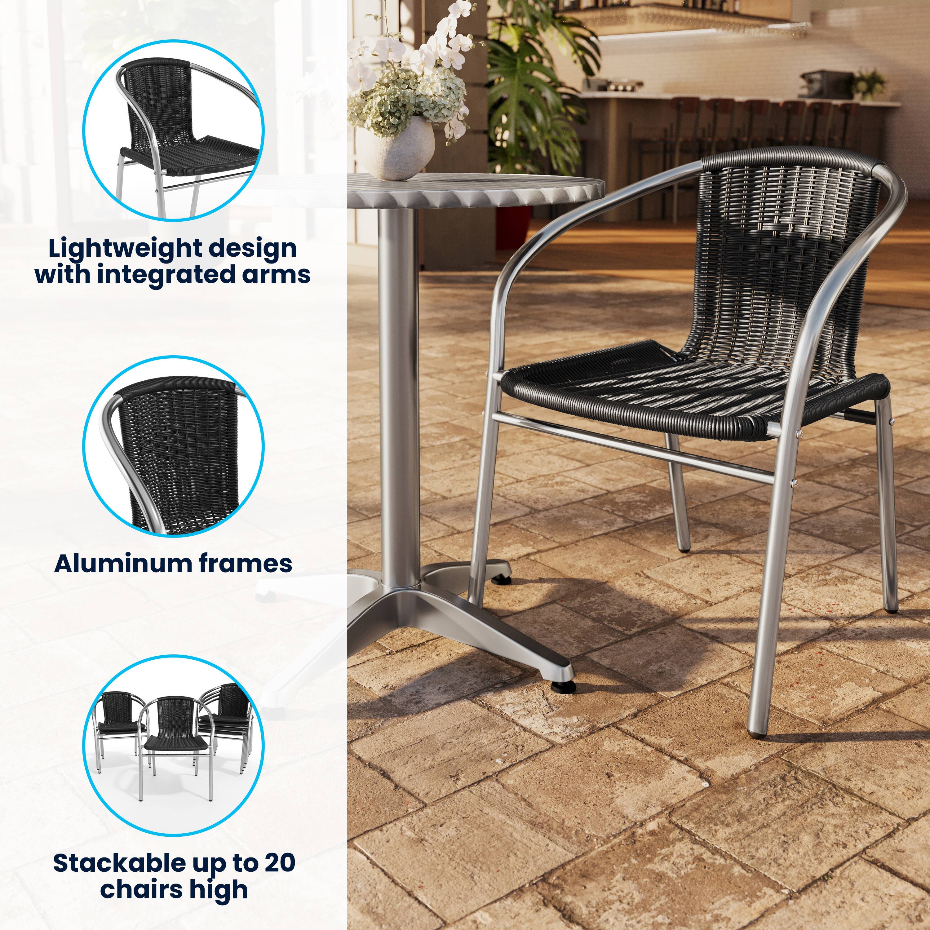 Lightweight design with integrated arms  
Aluminum frames  
Stackable up to 20 chairs high