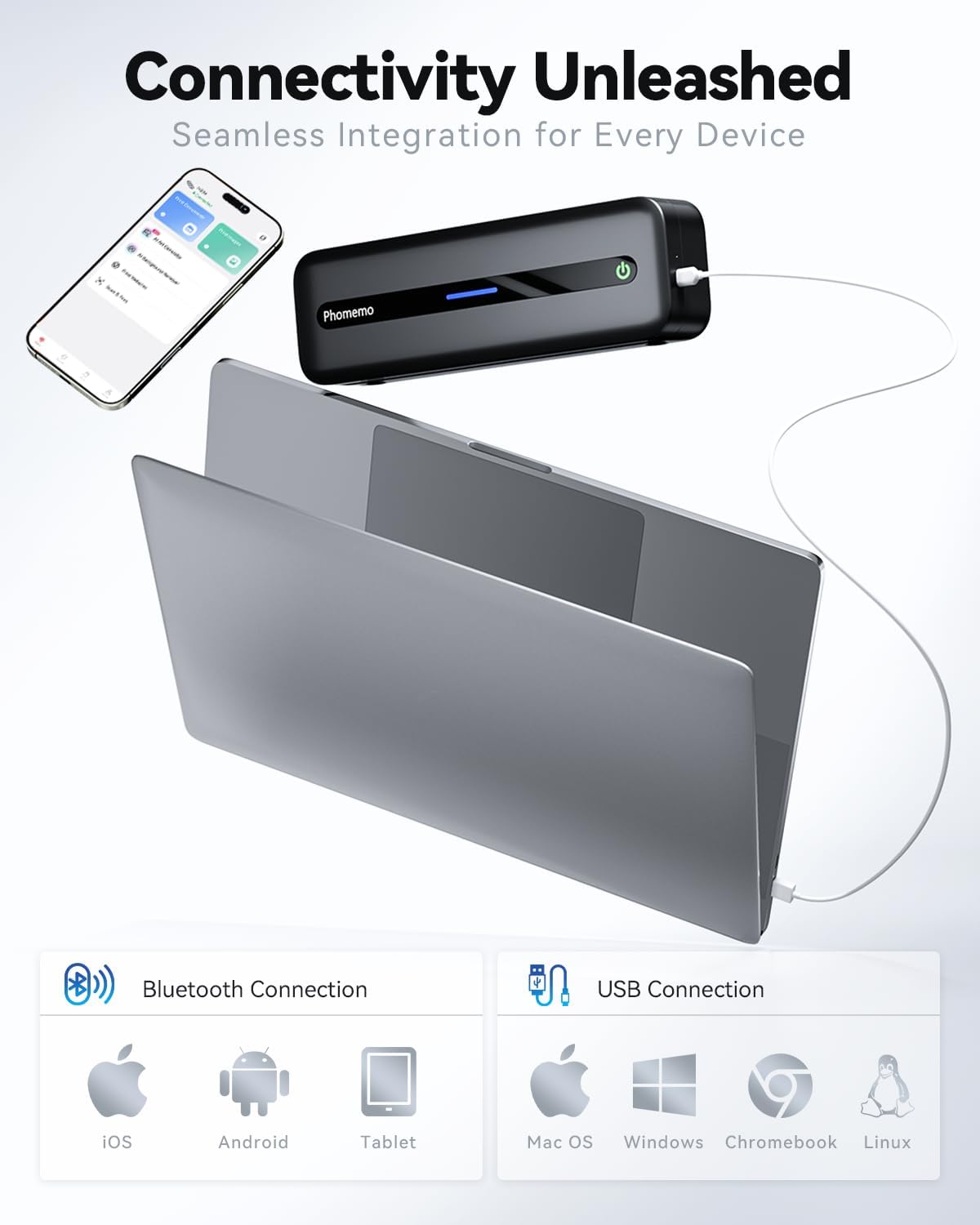 Connectivity Unleashed  
Seamless Integration for Every Device  

Bluetooth Connection  
- iOS  
- Android  
- Tablet  

USB Connection  
- Mac OS  
- Windows  
- Chromebook  
- Linux