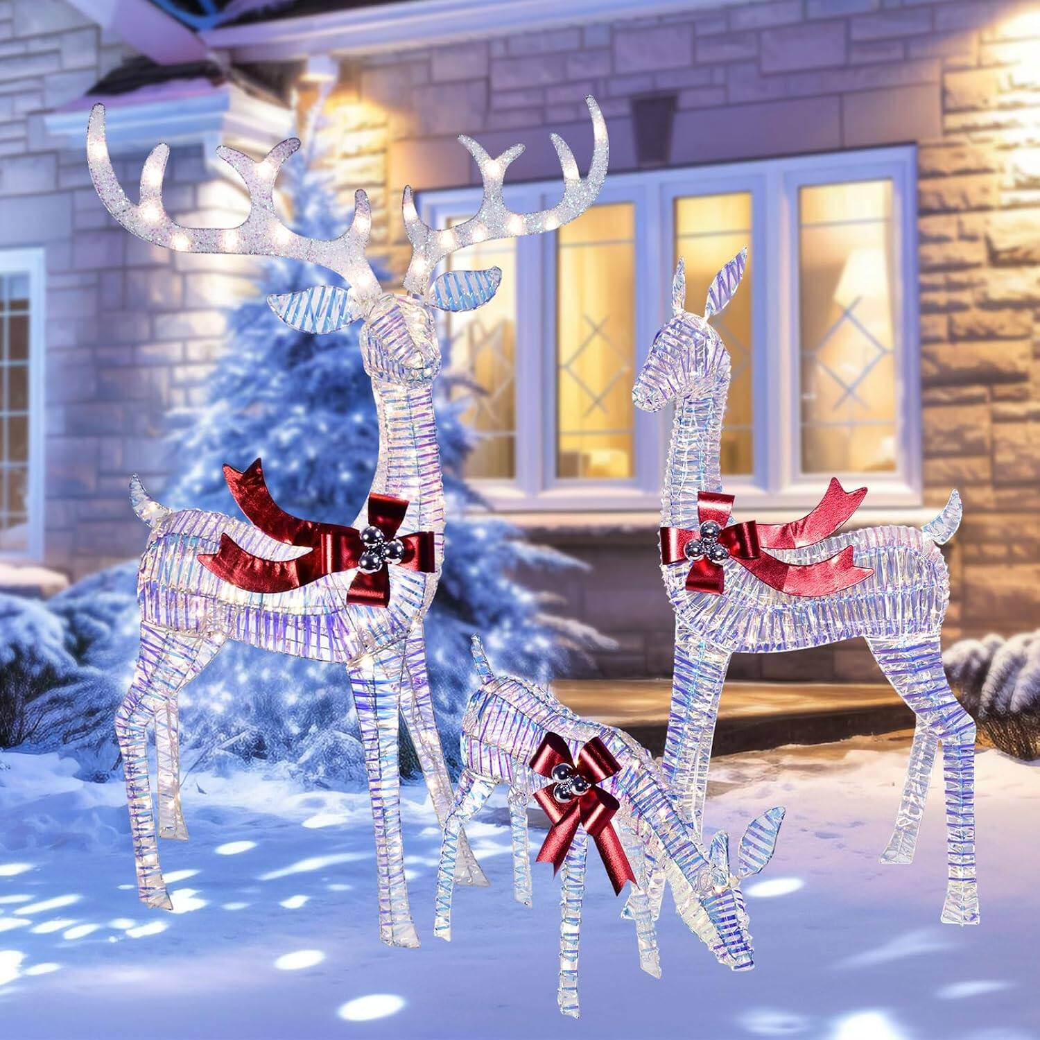 Front. Oumilen - Lighted Christmas Reindeer Family Yard Decor – 3-Piece Iridescent Reindeer Set with Warm White LEDs.