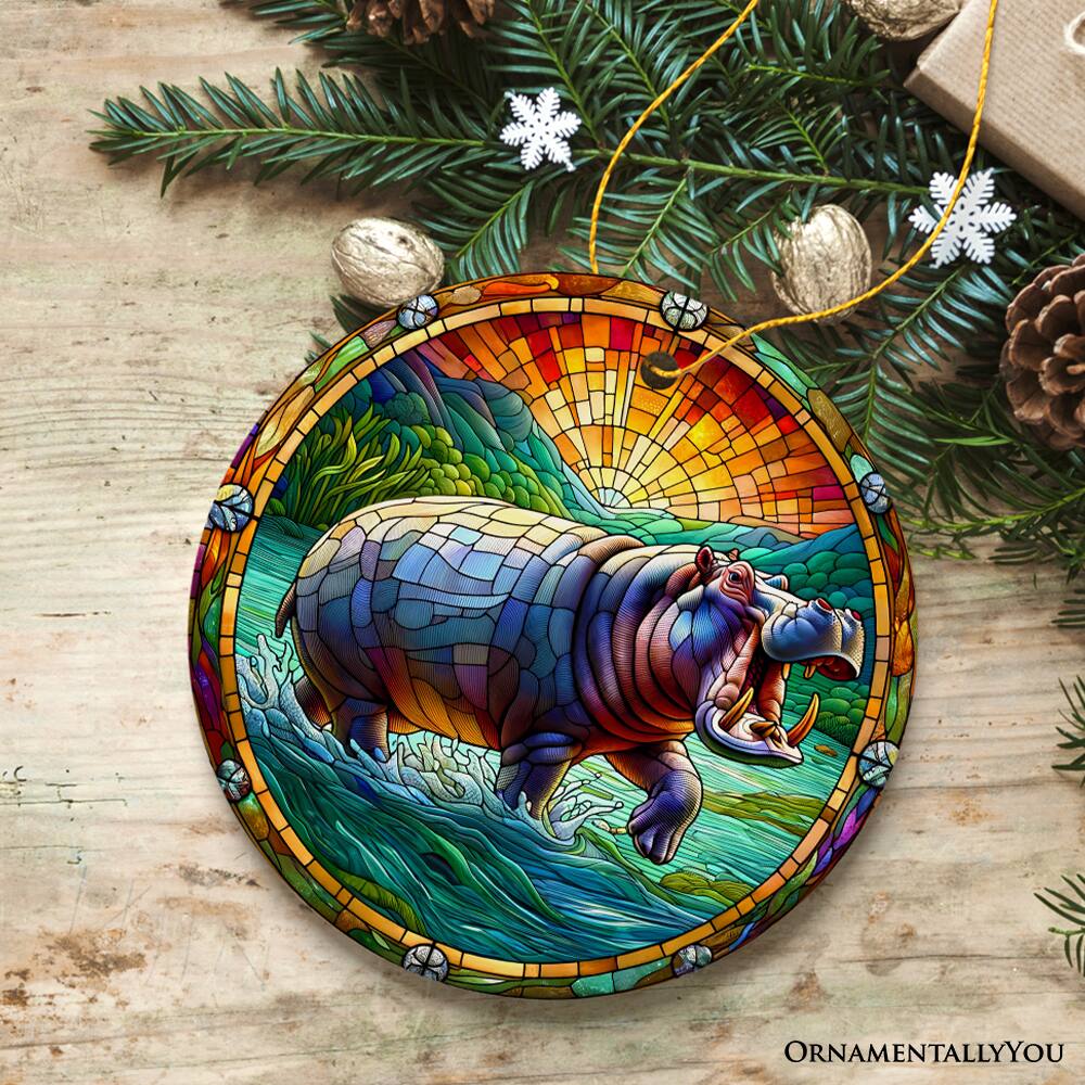 Back. OrnamentallyYou - Mighty Hippopotamus Stained Glass Style Ceramic Ornament African Animals Christmas Gift and Decor - Multi-colored.