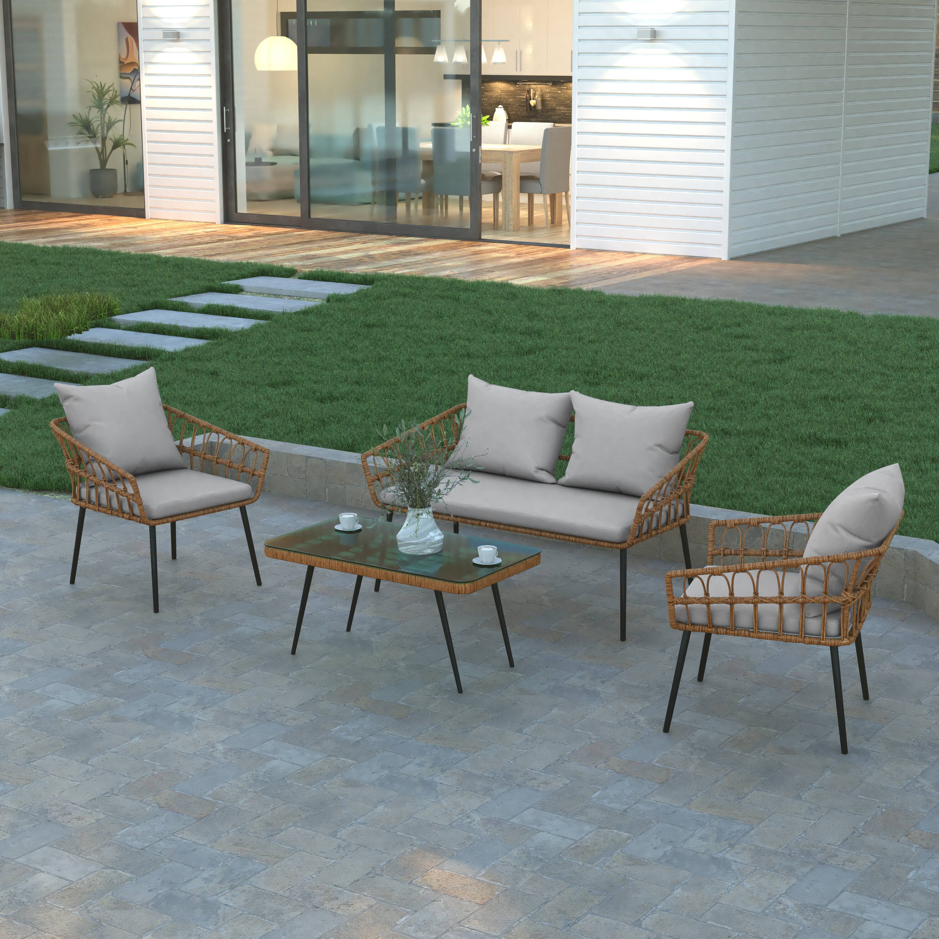 Alt View 1. Emma + Oliver - 4PC Rattan Patio Set with Two Chairs, Loveseat, Table & Cushions - Gray Cushions/Natural Frame.