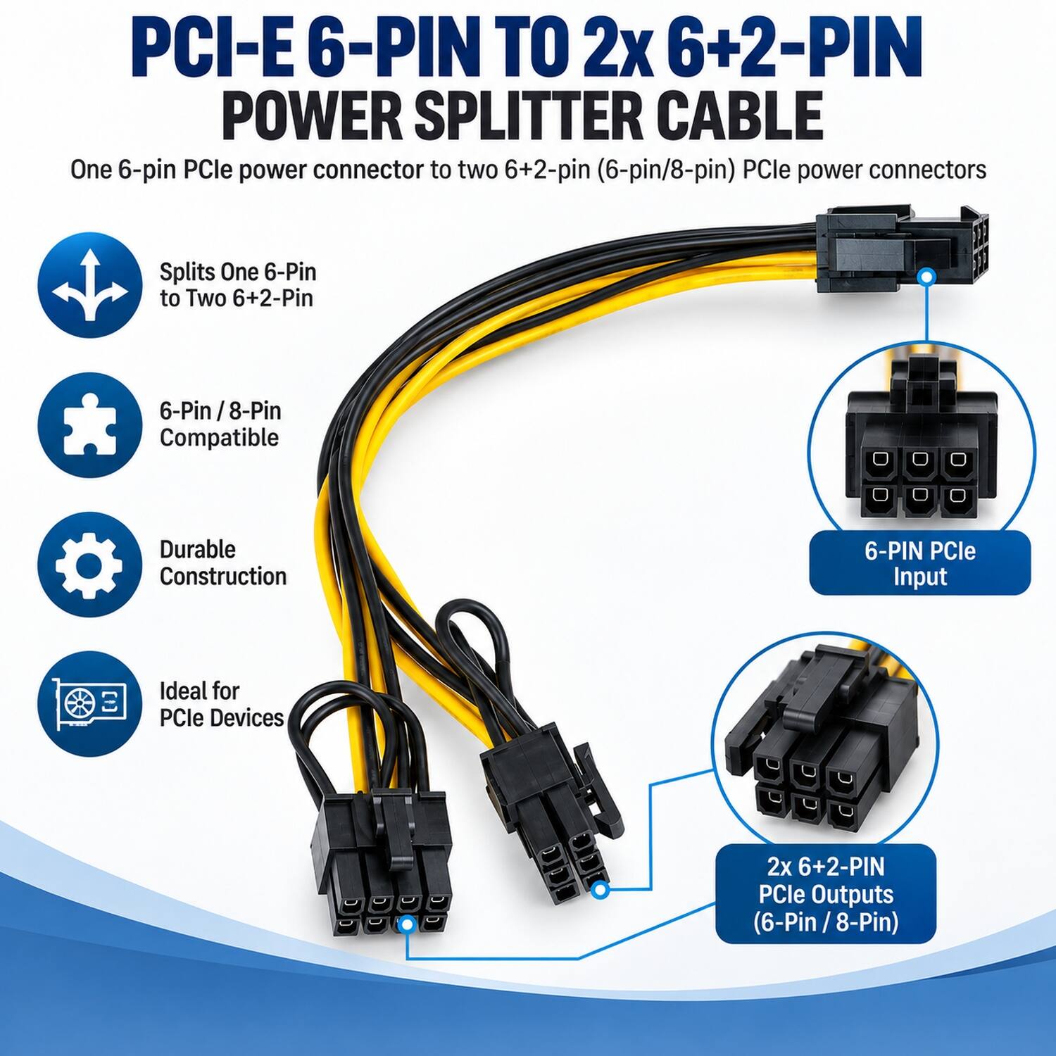 Sanoxy PCIe 6 Pin to Dual 8 Pin (6+2) Power Splitter Cable, PCI Express ...