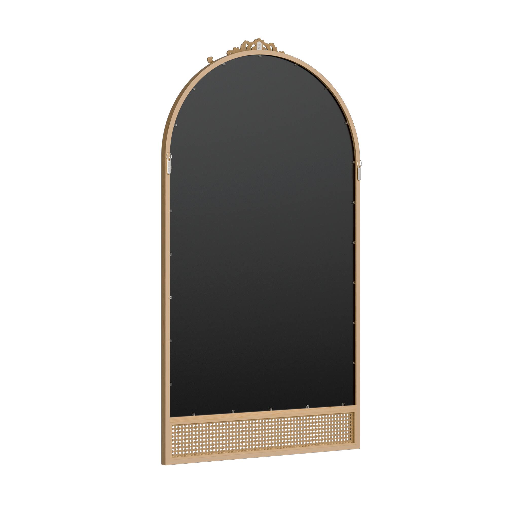 Back. PexFix - 71"x37" Arched Full Length Mirror with Carved Top Natural Wood Frame with Rattan Accent Standing/Hanging Wall Mirror - Brown.