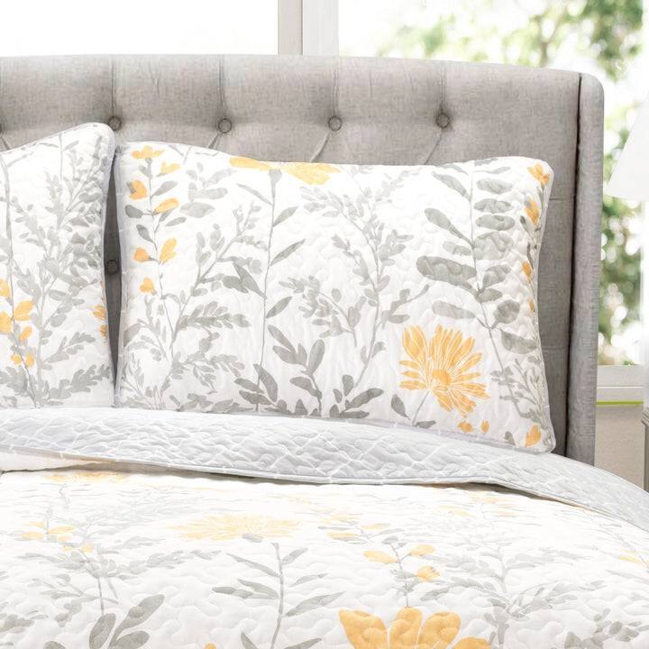 Angle. Hivvago - King size Yellow Grey Floral Light Thin Cotton Polyester Blend Quilt Set - Yellow Grey.