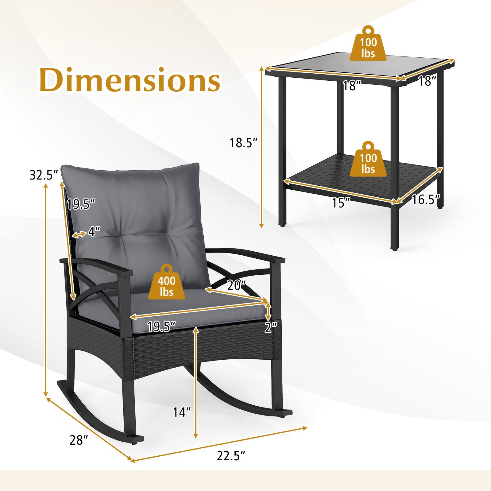 Dimensions
100 lbs
18" x 18"
32.5" H
18.5" D
100 lbs
19.5" W
15" D
16.5" H
4" T
400 lbs
20" W
19.5" D
2" T
14" H
28" W
22.5" D