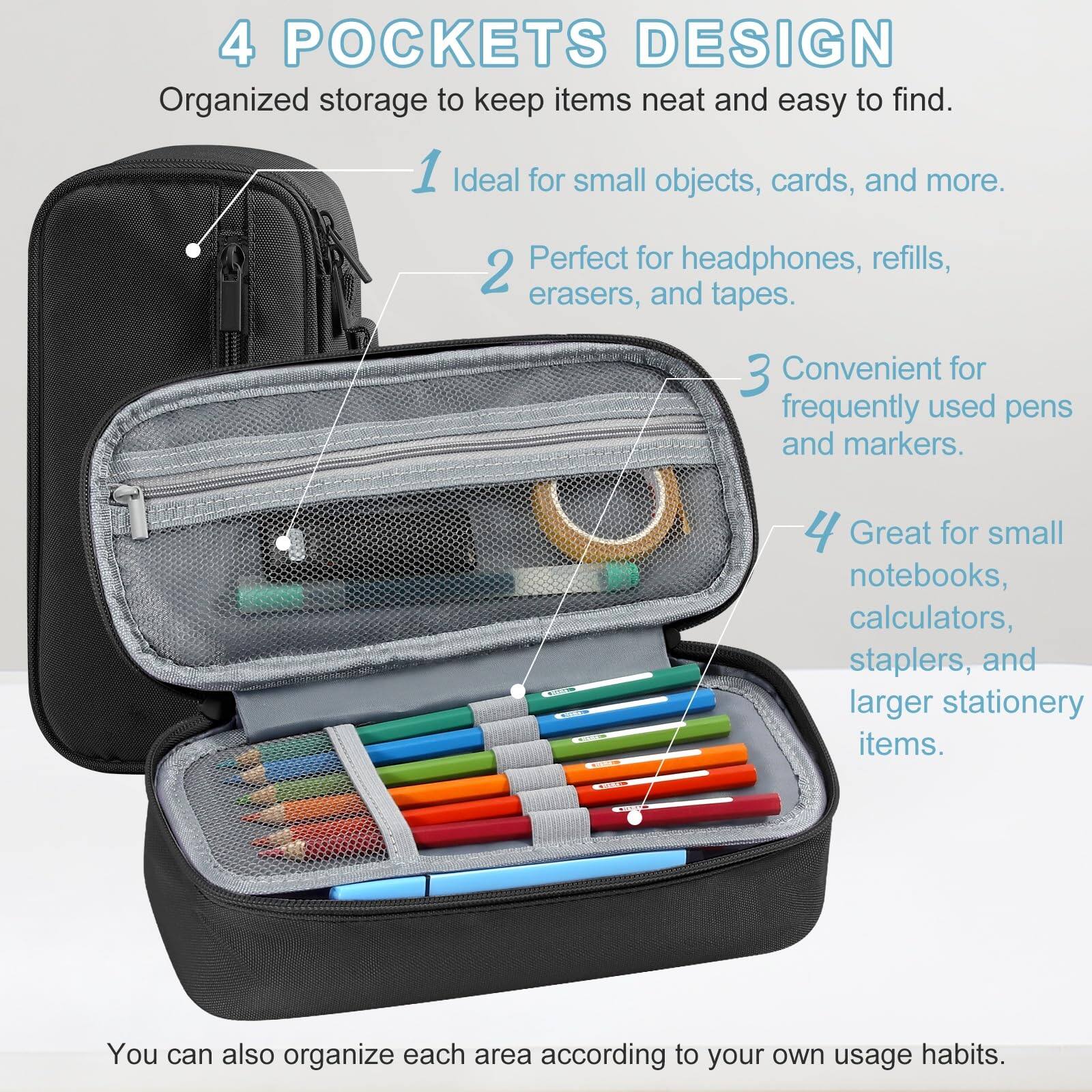 4 Pockets Design  
Organized storage to keep items neat and easy to find.

1. Ideal for small objects, cards, and more.
2. Perfect for headphones, refills, erasers, and tapes.
3. Convenient for frequently used pens and markers.
4. Great for small notebooks, calculators, staplers, and larger stationery items.

You can also organize each area according to your own usage habits.