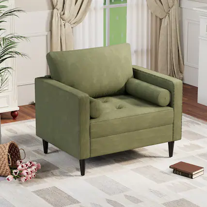 Front. U-HOMY - Velvet Accent Chair with Pillows – Plush Sofa Chair for Living Room, Bedroom & Office, Tufted Comfy Reading Chair - Green.