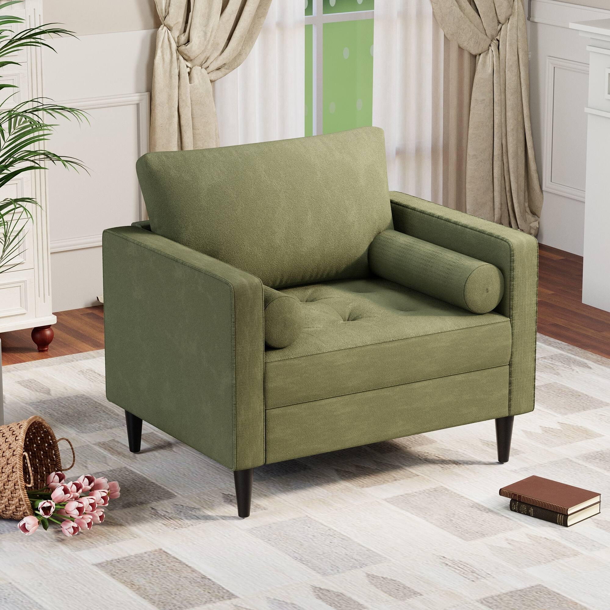 U-HOMY - Velvet Accent Chair with Pillows – Plush Sofa Chair for Living Room, Bedroom & Office, Tufted Comfy Reading Chair - Green