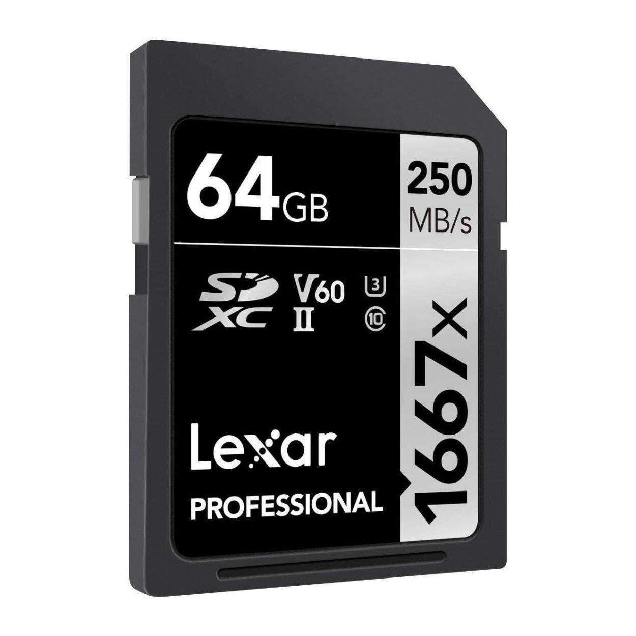 64GB  
250 MB/s  
SD V60  
XC II  
1667x  
Lexar Professional