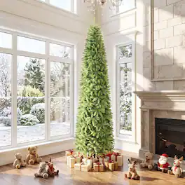 Gymax - 9 FT Artificial Pencil Christmas Tree w/1443 Lush Branch Tips & Metal Stand - Green
