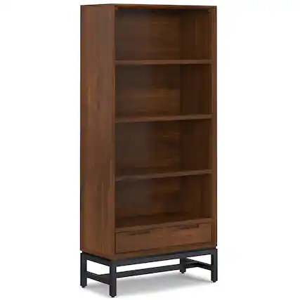 Front. Simpli Home - Banting SOLID WOOD and Metal 66 inch x 30 inchRectangle Industrial Bookcase in Walnut Veneer - Walnut Veneer.