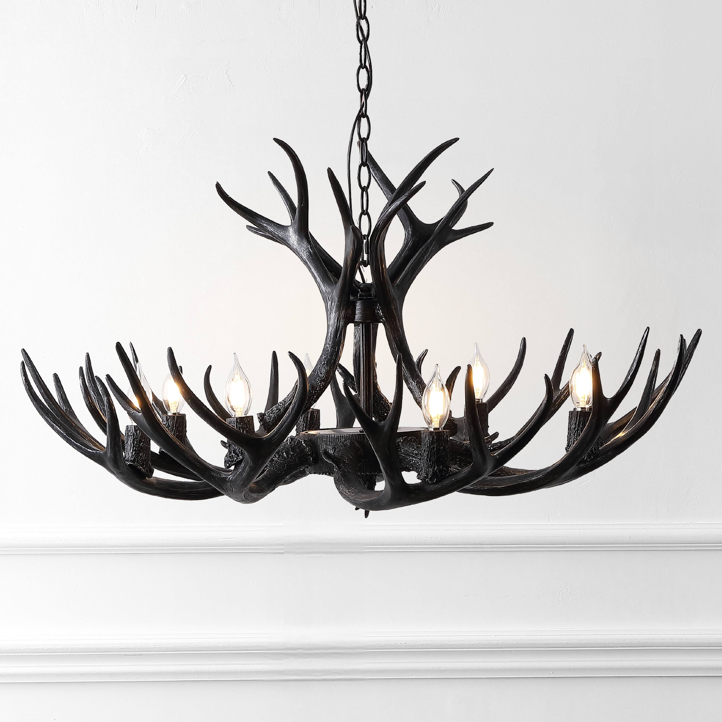 Alt View 1. Jonathan Y - Eldora 36" 8-Light Rustic Farmhouse Adjustable Resin Antler LED Chandelier, Black - Black.