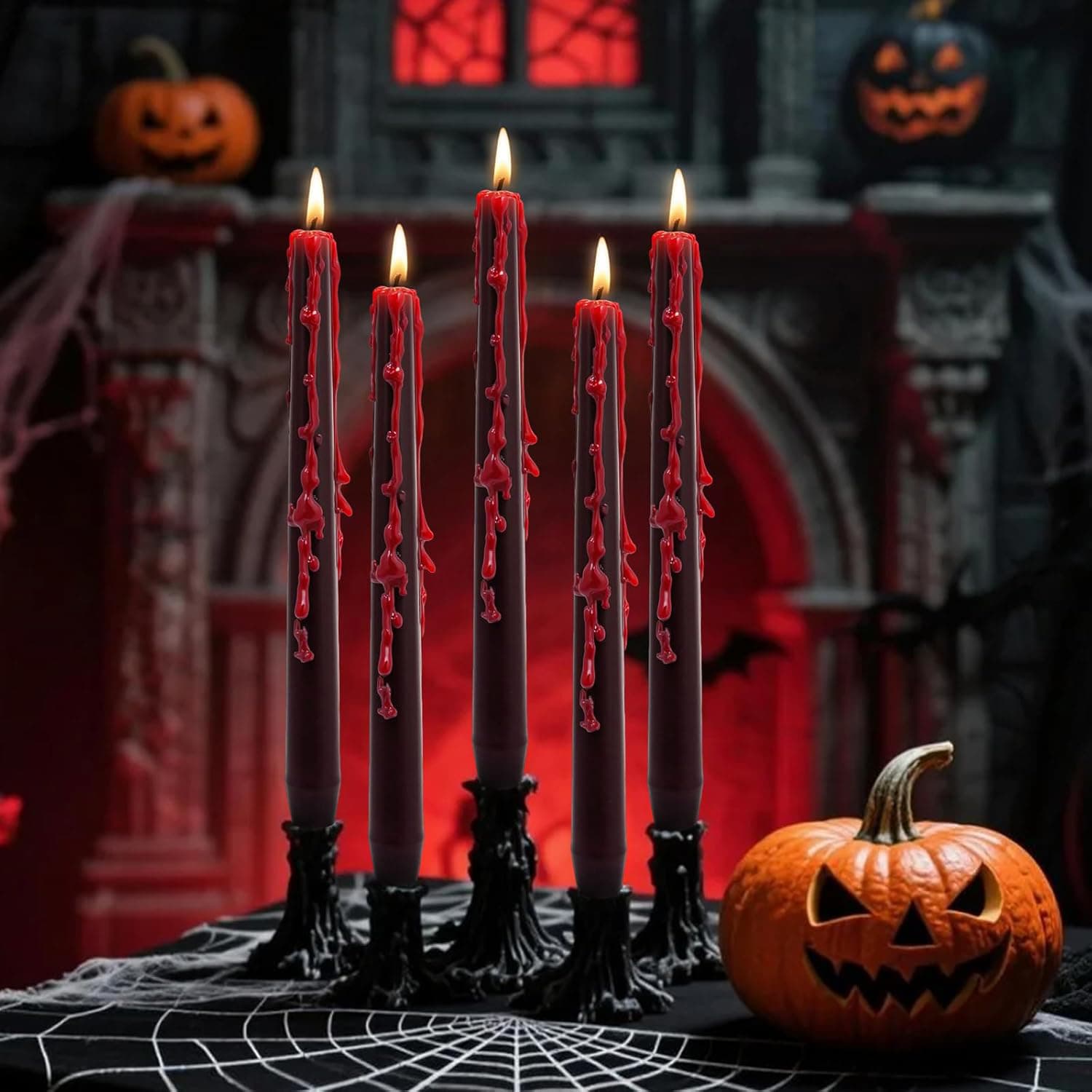 Alt View 1. FINEAK - 8 Pack 10-Inch Vampire Tears Bleeding Taper Candles: Unscented Black, Spooky Blood Drip,For Halloween Parties - Black.