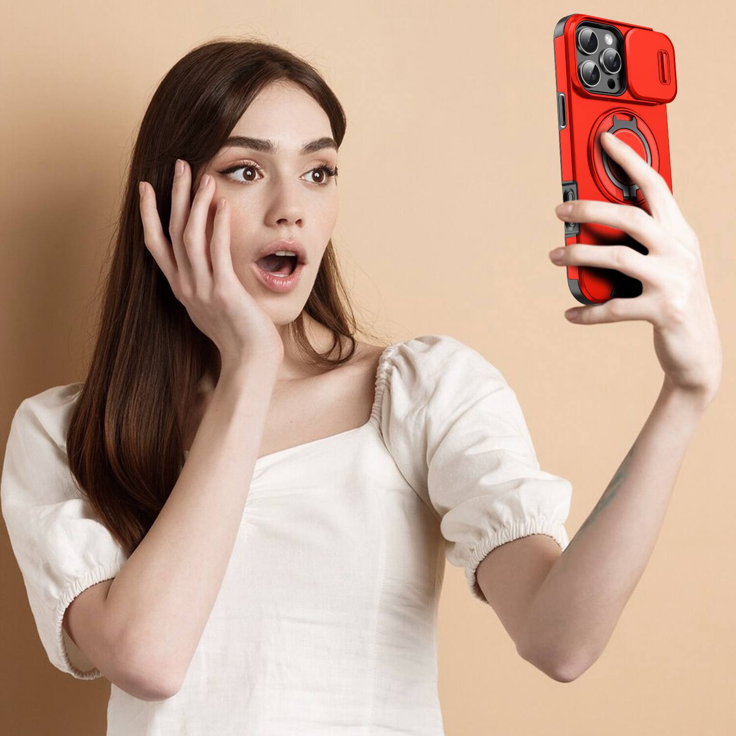 Alt View 6. UUCOVER - Magnetic Case with Slide Camera Lens Cover & 360° Ring Stand for Apple iPhone 16 Pro Max - Drop Protection Phone Cover - Red.